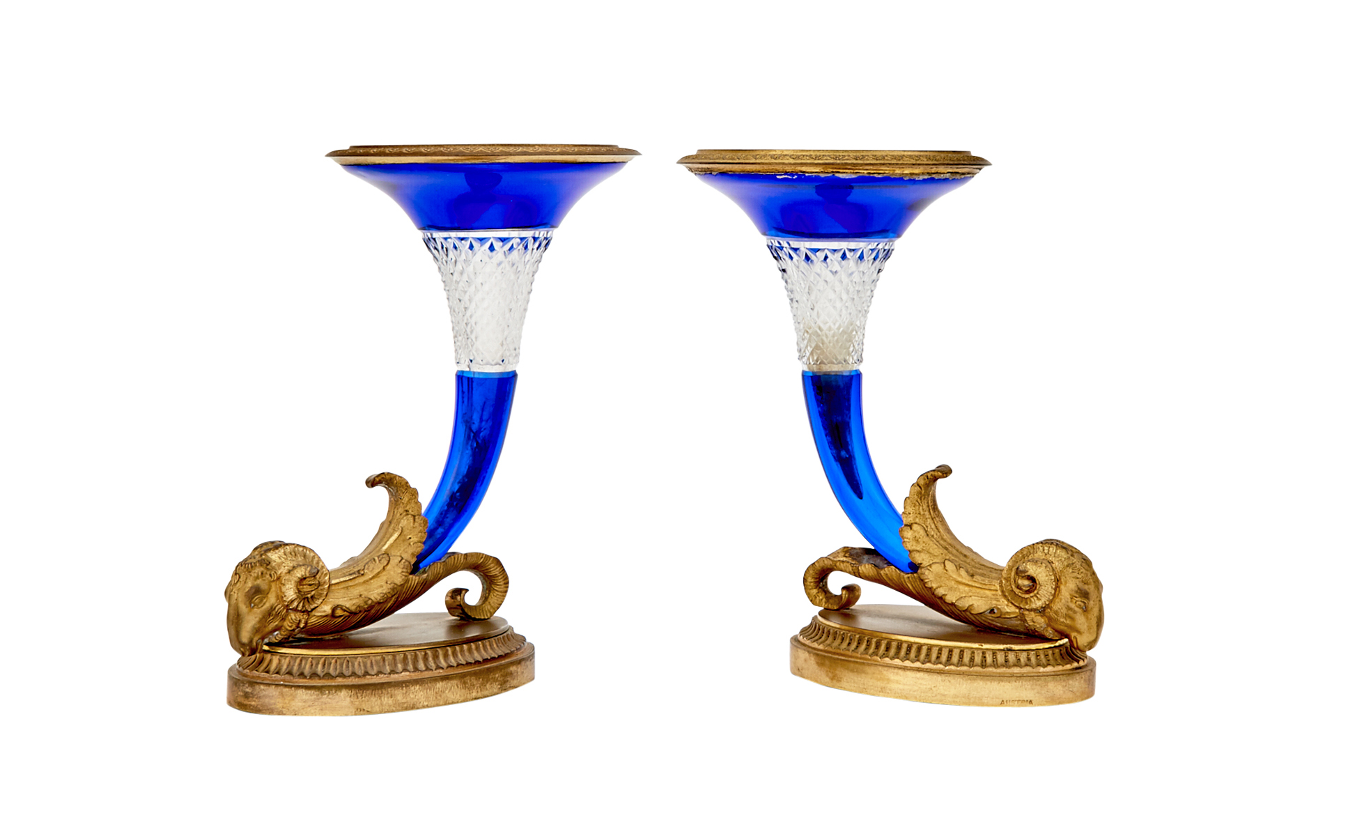 Lot image - Pair of Empire Style Gilt-Bronze and Overlay Glass Cornucopia Garniture Vases