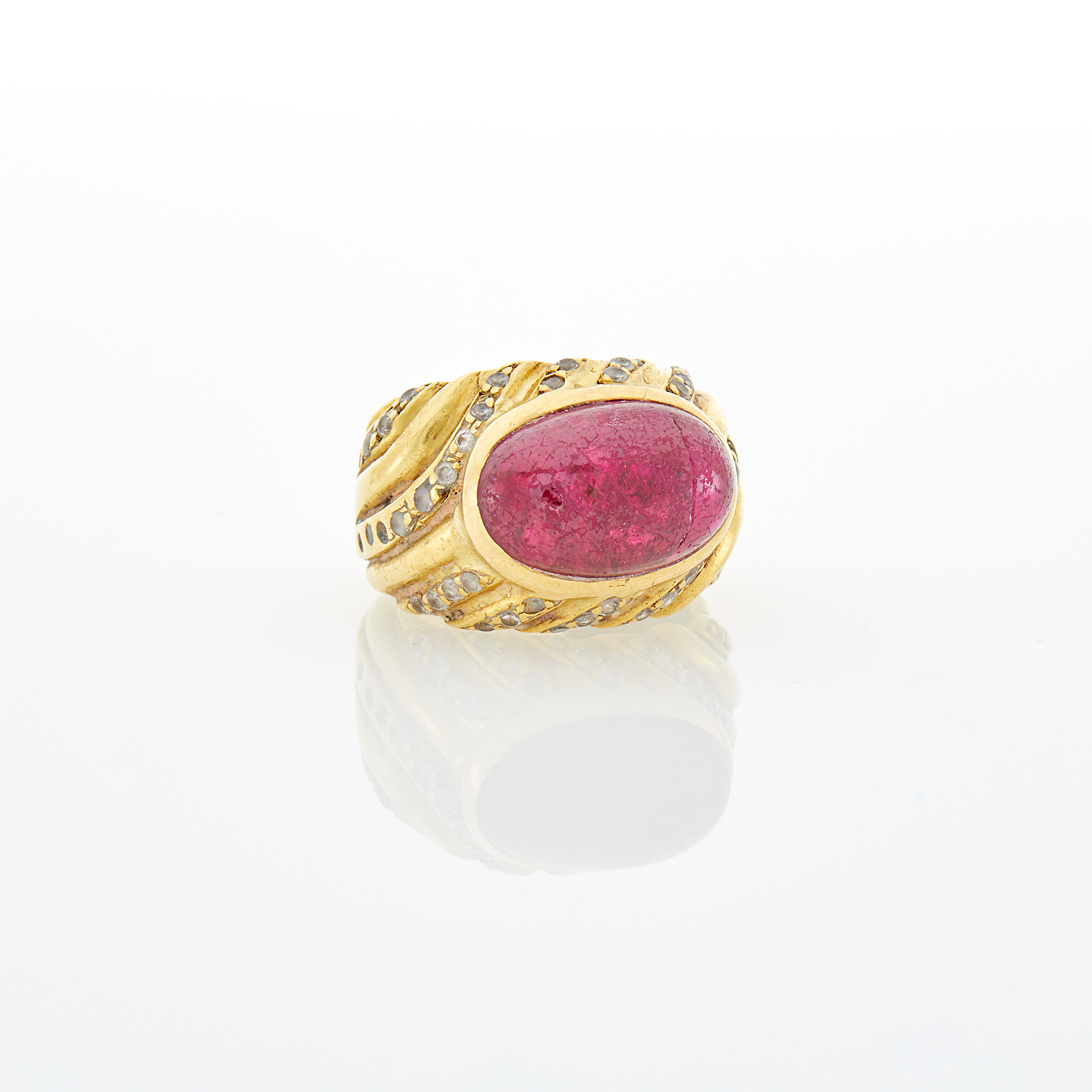 Lot image - Gold, Cabochon Ruby and Diamond Ring
