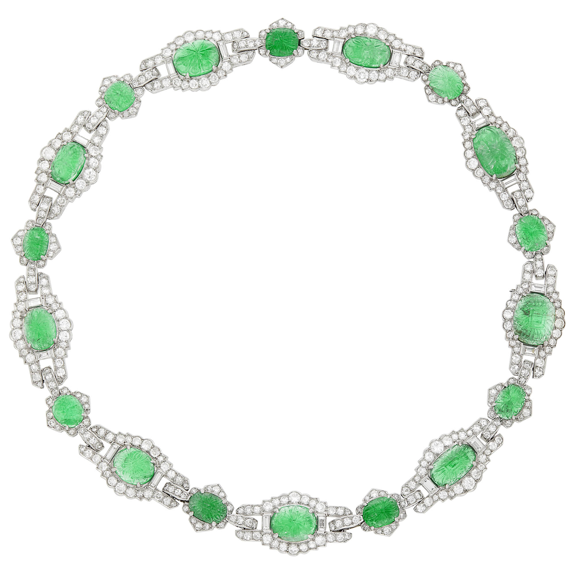 Lot image - Chaumet Platinum, Emerald and Diamond Necklace/Pair of Bracelets Combination, France