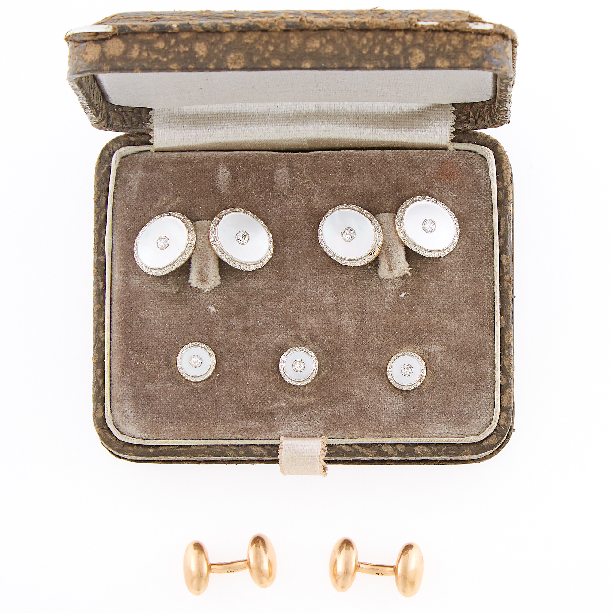 Lot image - Gentlemans Two-Color Gold, Mother-of-Pearl and Diamond Dress Set and Pair of Gold Cufflinks