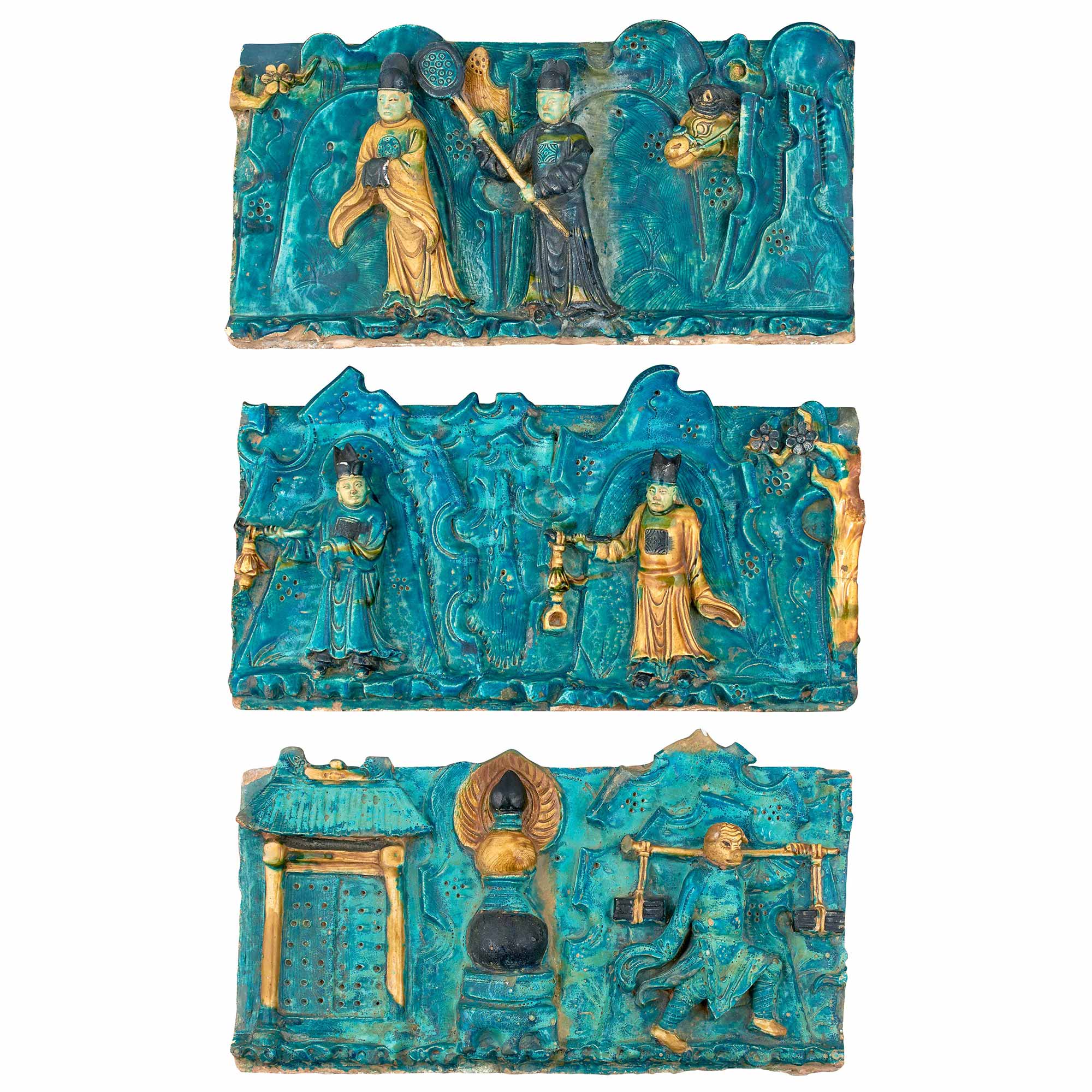 Lot image - Group of Three Chinese Turquoise, Yellow, Green and Aubergine Glazed Wall Tiles