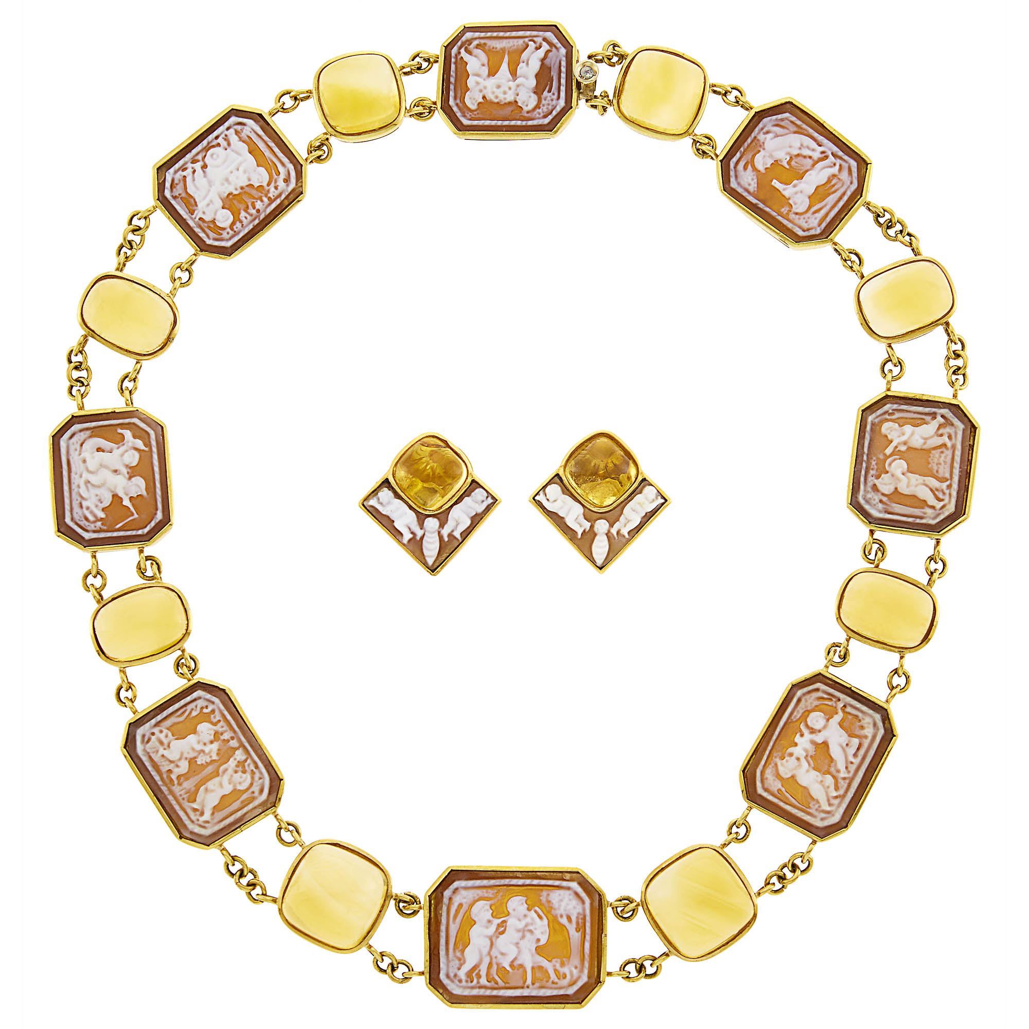 Lot image - Puttini Capri Gold, Shell Cameo and Cabochon Citrine Necklace and Pair of Earrings