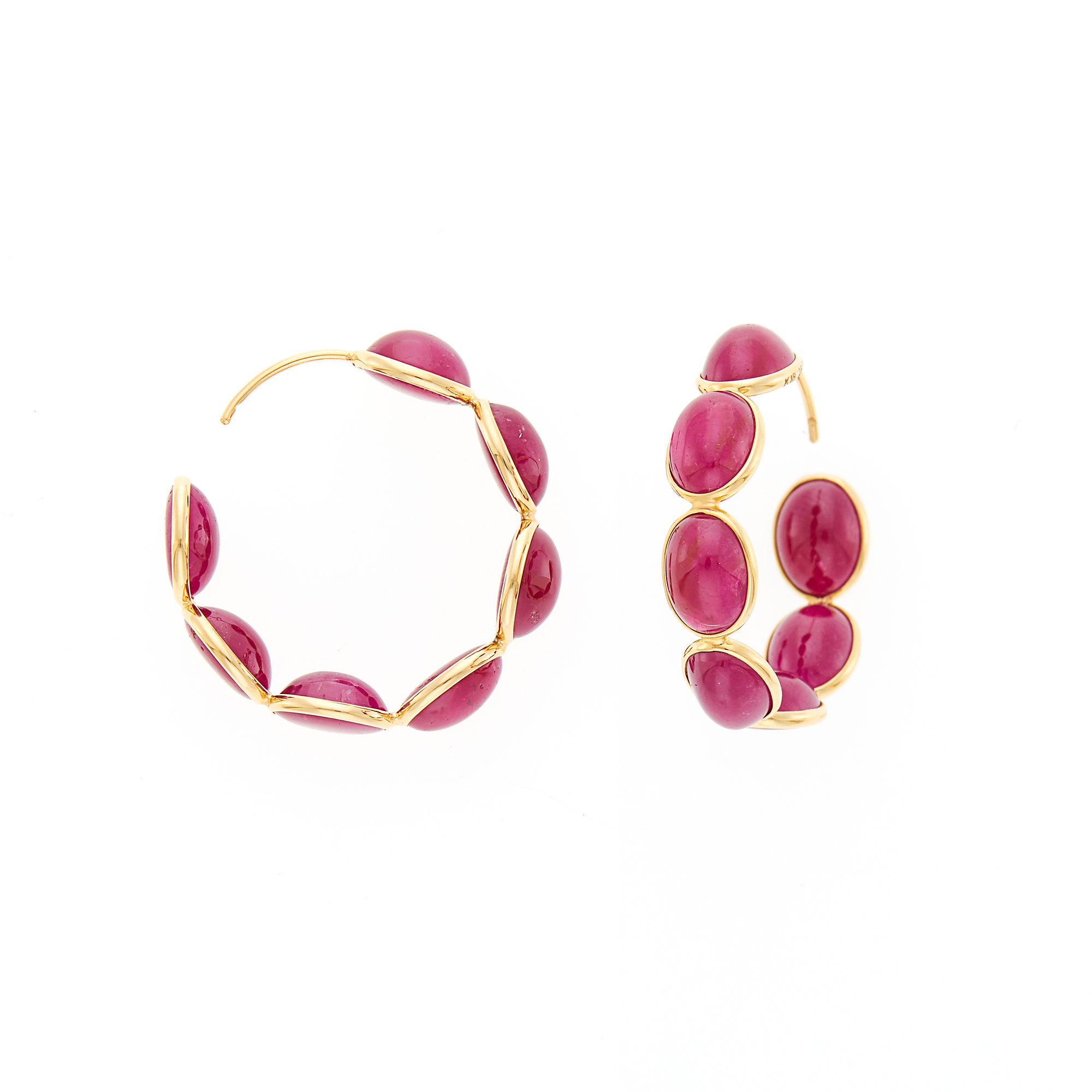 Lot image - Pair of Gold and Cabochon Ruby Hoop Earrings