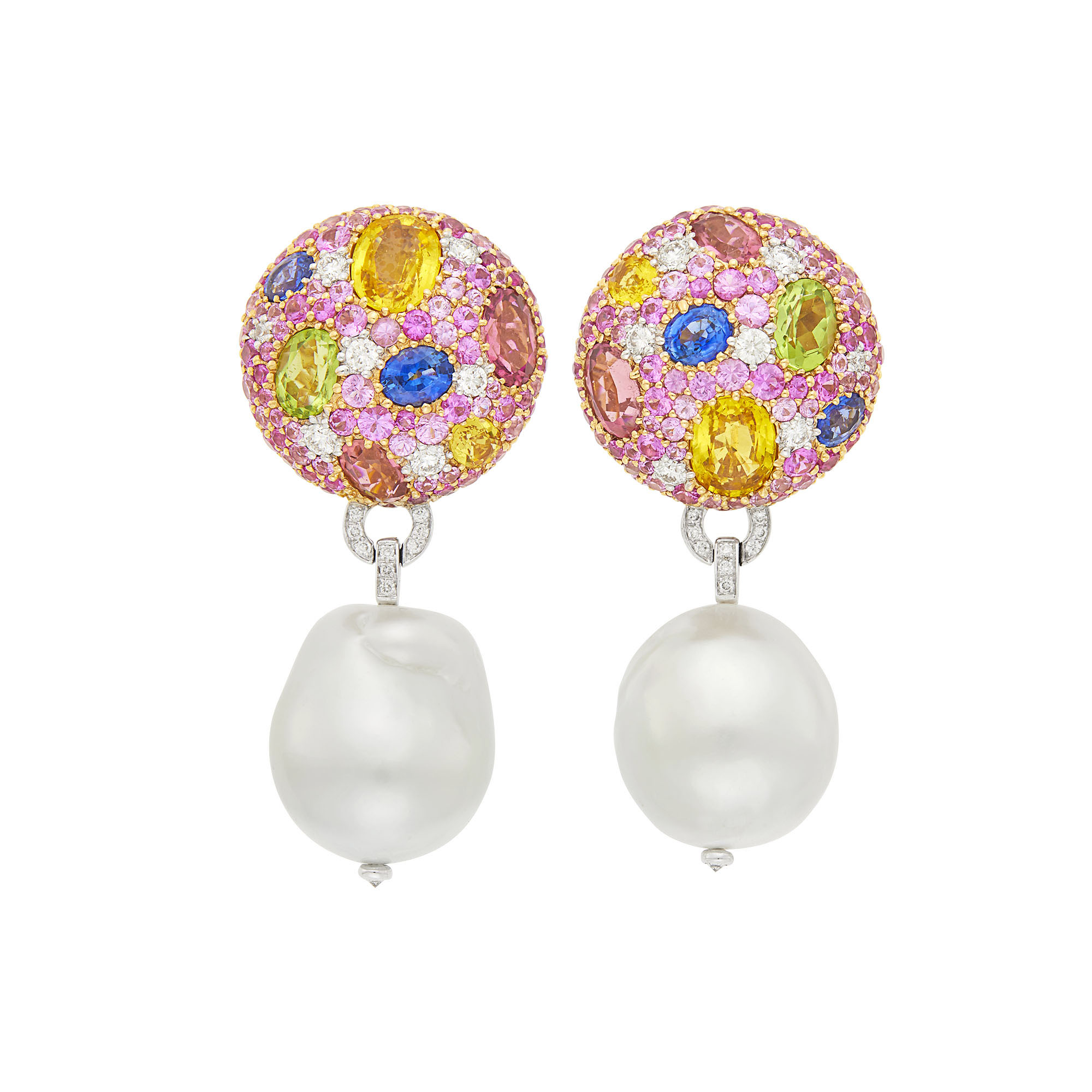 Lot image - Margot McKinney Pair of Two-Color Gold, Multicolored Sapphire, Gem-Set, Diamond and Baroque South Sea Cultured Pearl Pendant-Earrings