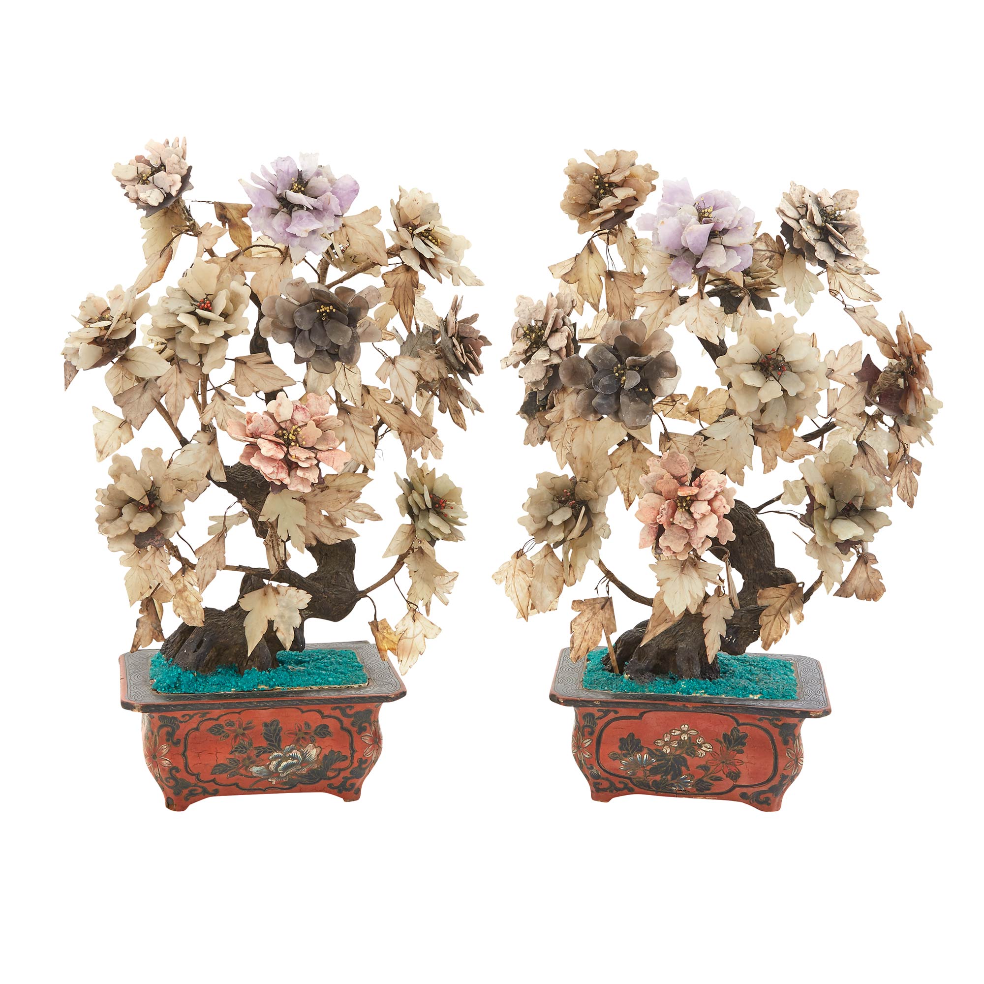 Lot image - Pair of Chinese Style Hardstone and Lacquer Trees