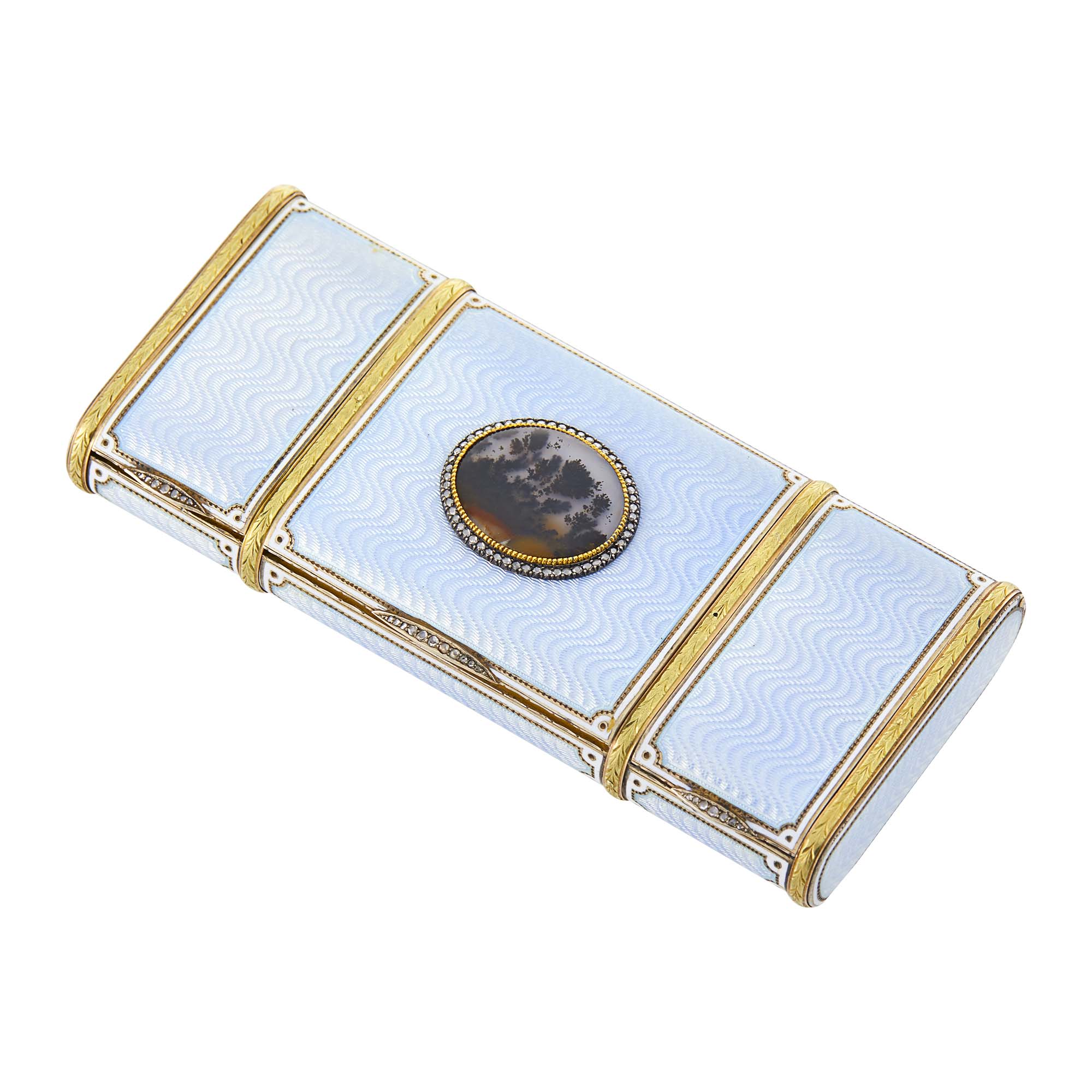Lot image - Russian Gold, Silver-Gilt, Guilloché and Champlevé Enamel and Moss Agate Vanity Case