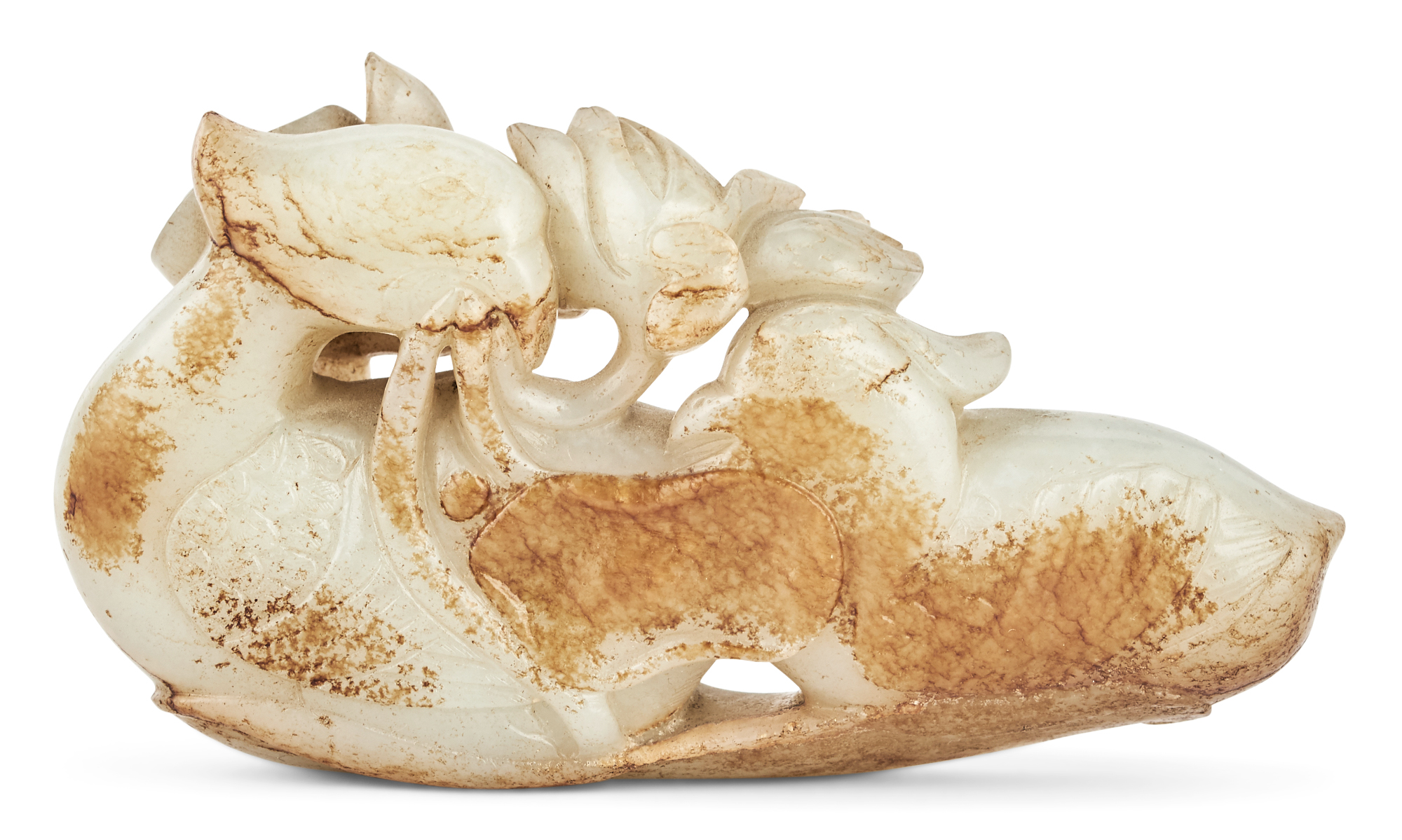 Lot image - A Chinese Celadon and Russet Jade Carving of Mandarin Ducks