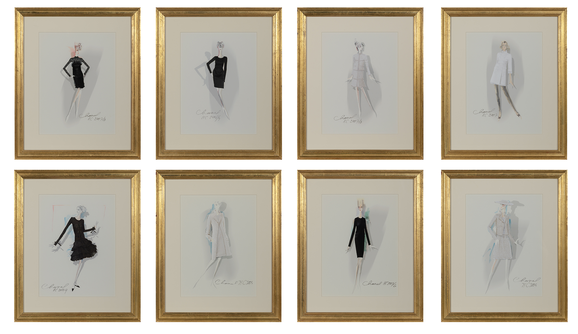 Lot image - Artist Unknown  CHANEL HAUTE COUTURE  Eight color reproductions, framed.  Sight of each