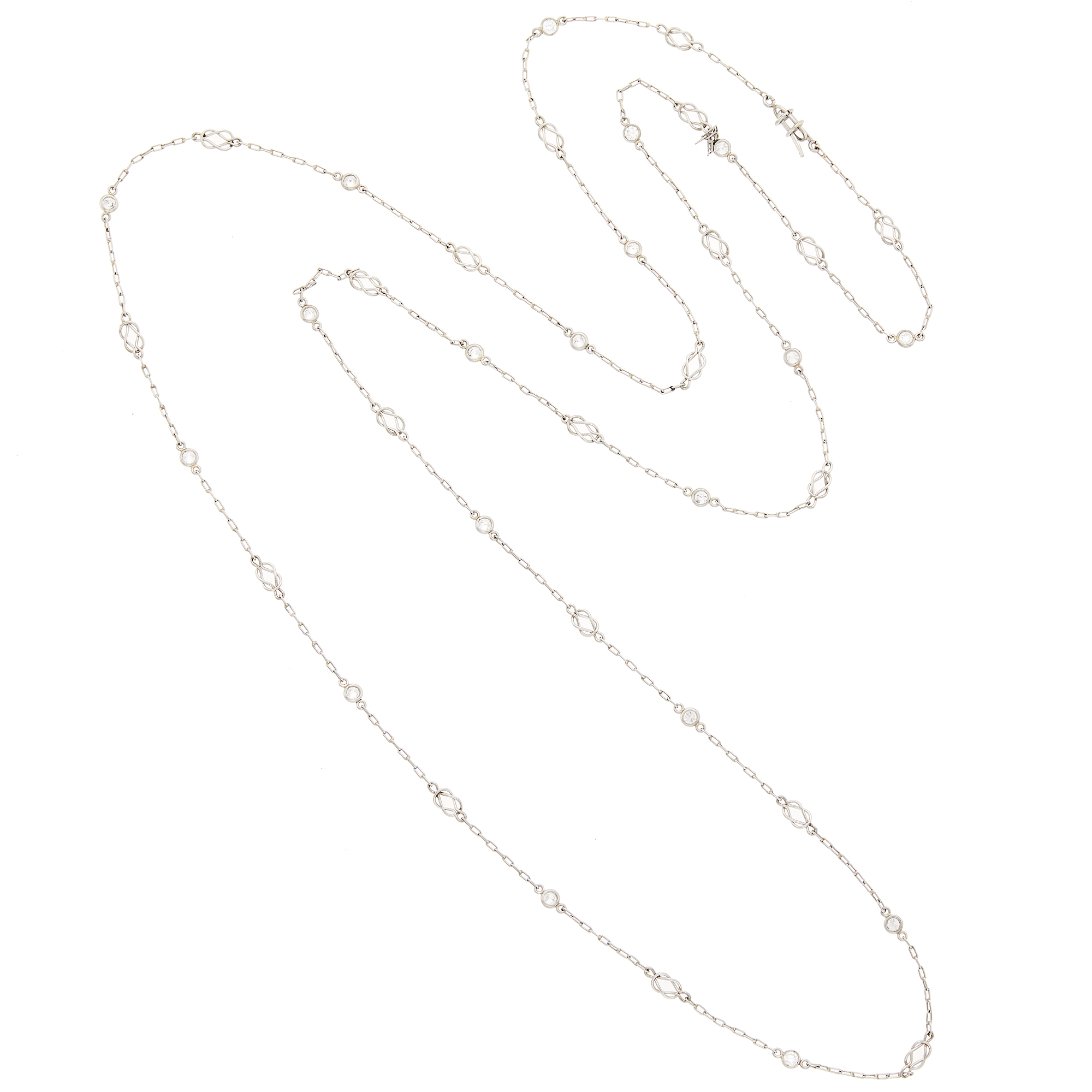 Lot image - Long Platinum and Diamond Chain Necklace