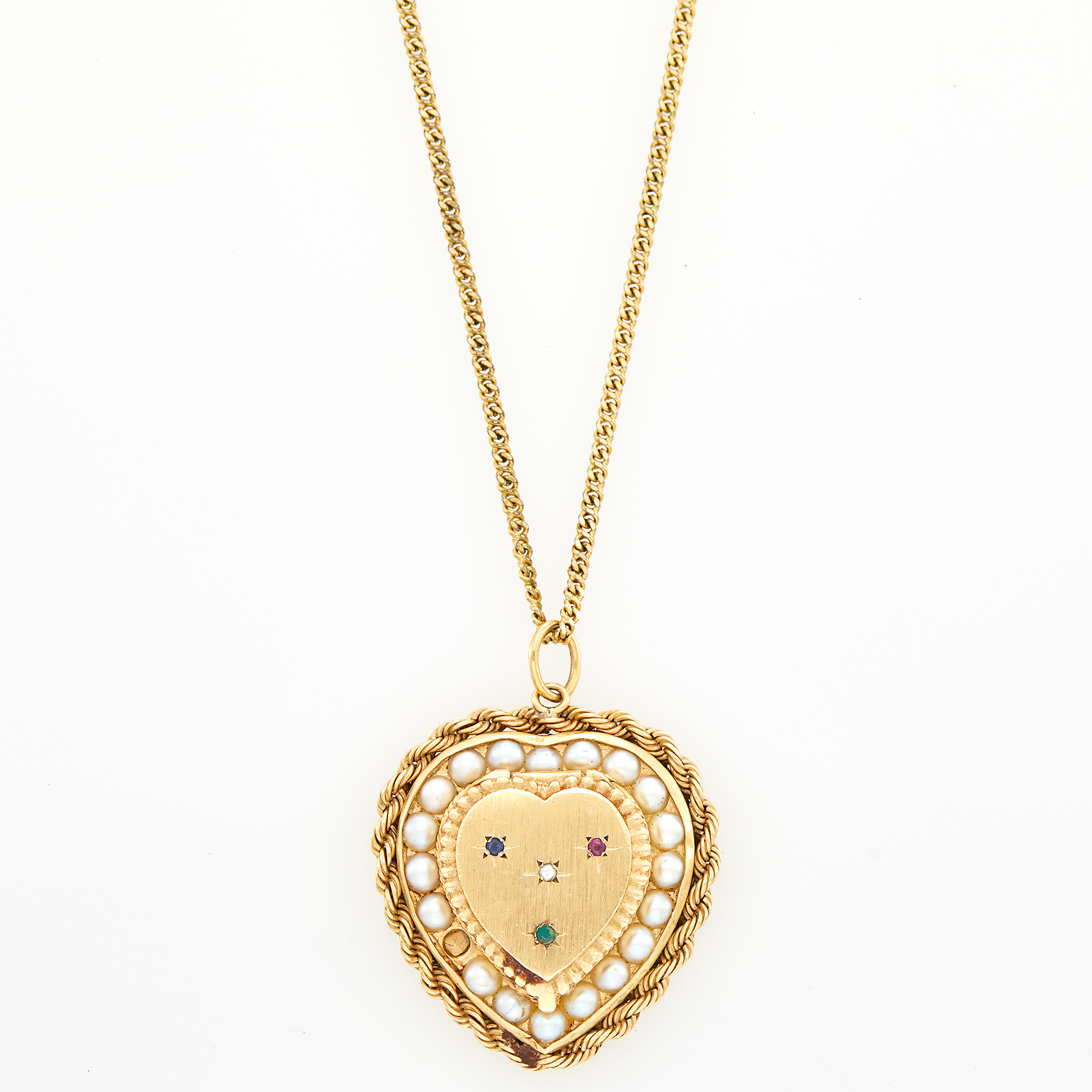 Lot image - Gold, Gem-Set and Cultured Pearl Heart Locket Pendant with Gold-Filled Chain Necklace
