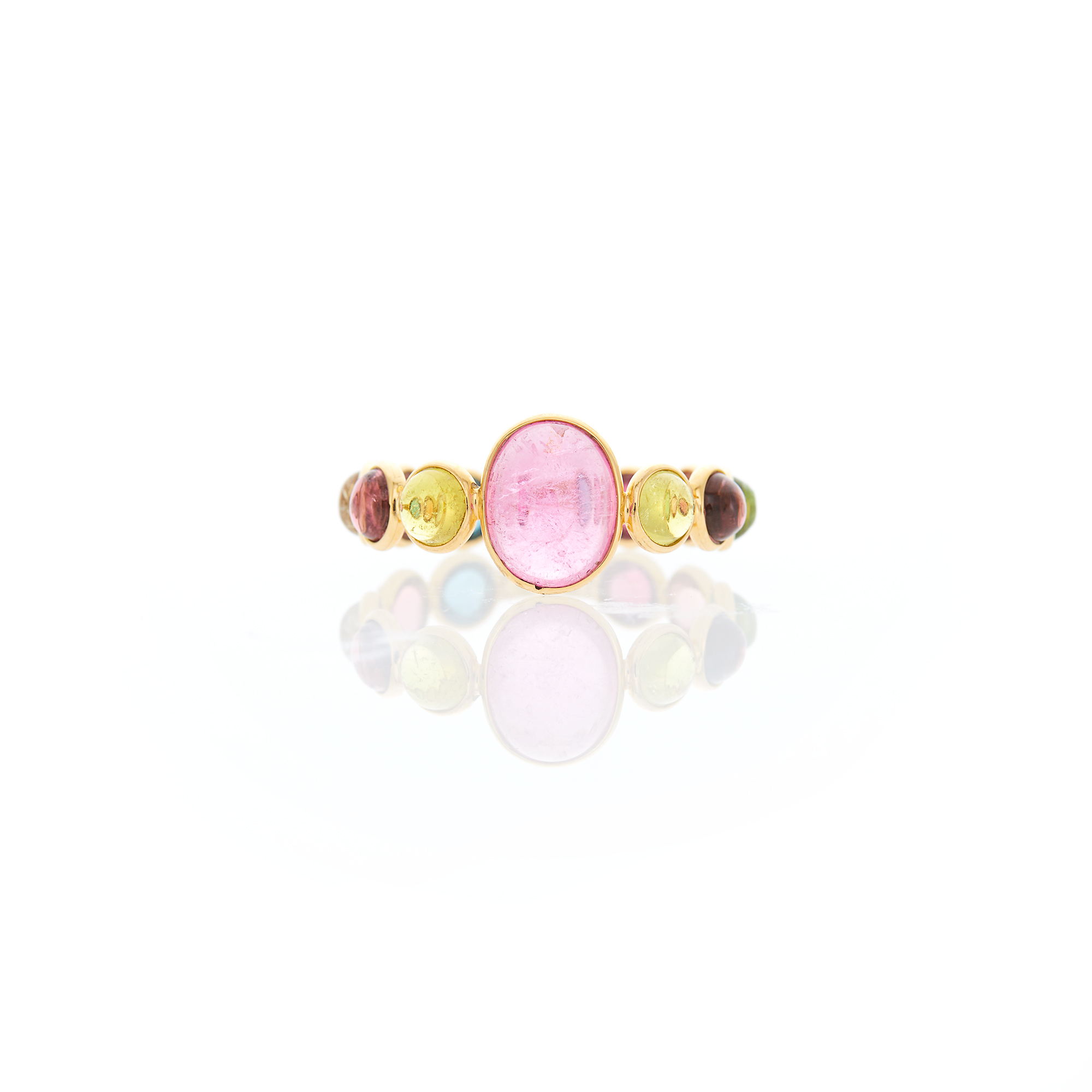 Lot image - Gold and Multicolored Cabochon Tourmaline Band Ring