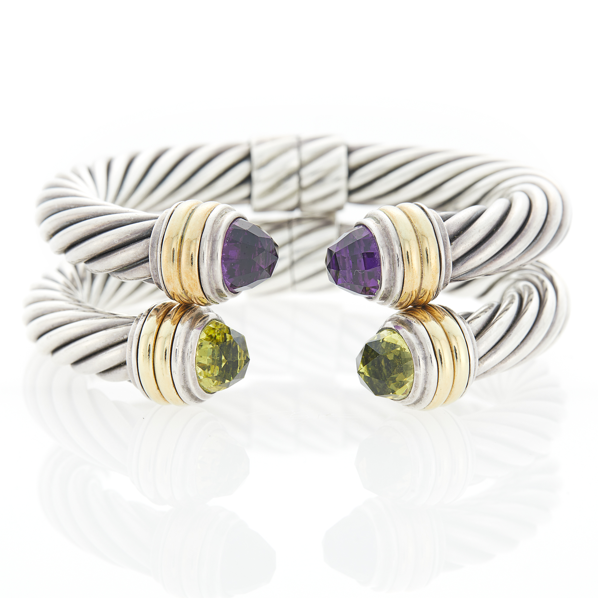Lot image - David Yurman Pair of Silver, Gold, Amethyst and Green Quartz Bangle Bracelets