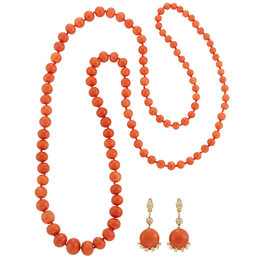 Lot image - Pair of Gold, Gilt-Silver, Coral and Diamond Star Pendant-Earrings and Long Coral Bead Necklace