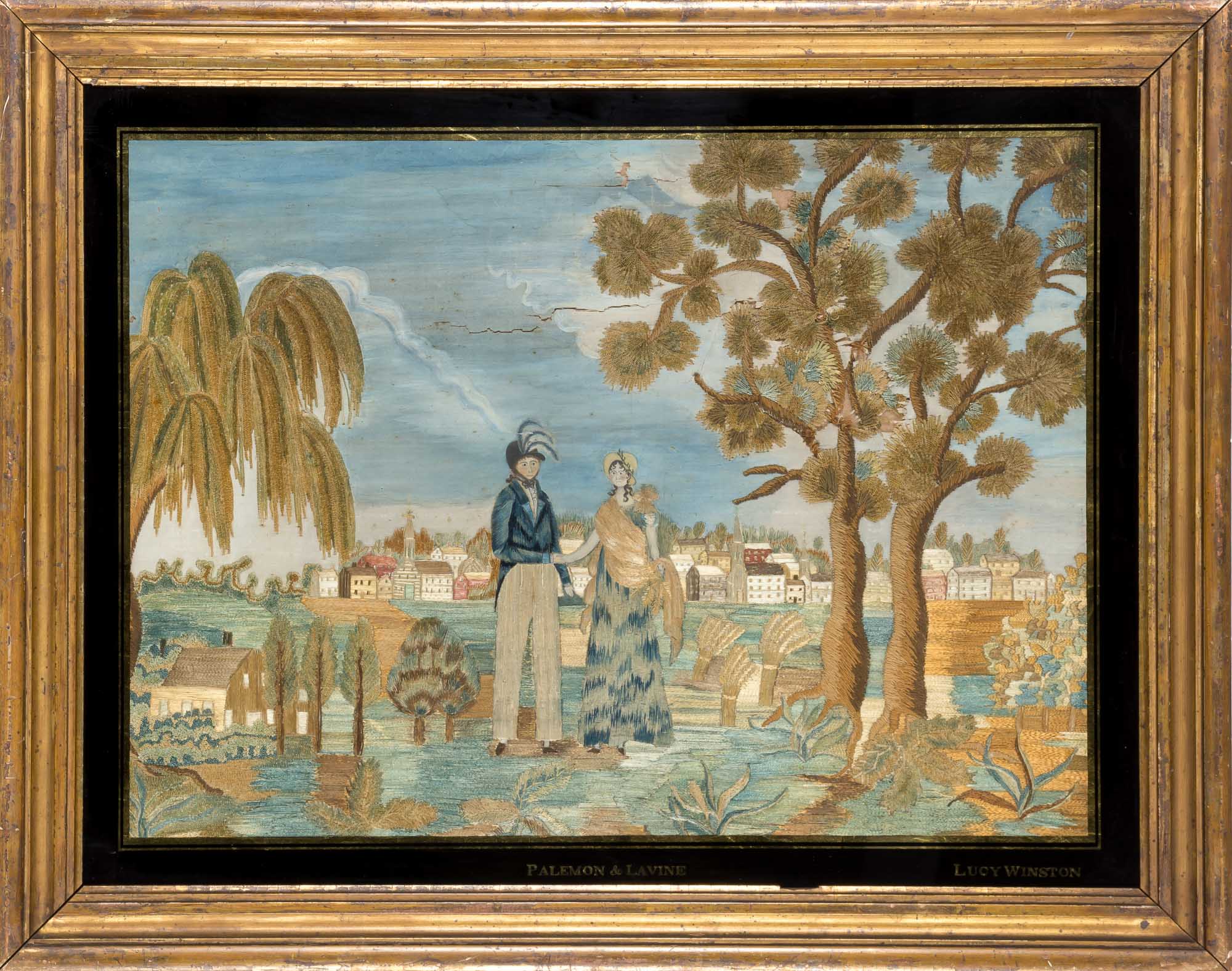 Lot image - Watercolor and Silk-on-Silk Needlework Pictorial of Palemon and Lavinia