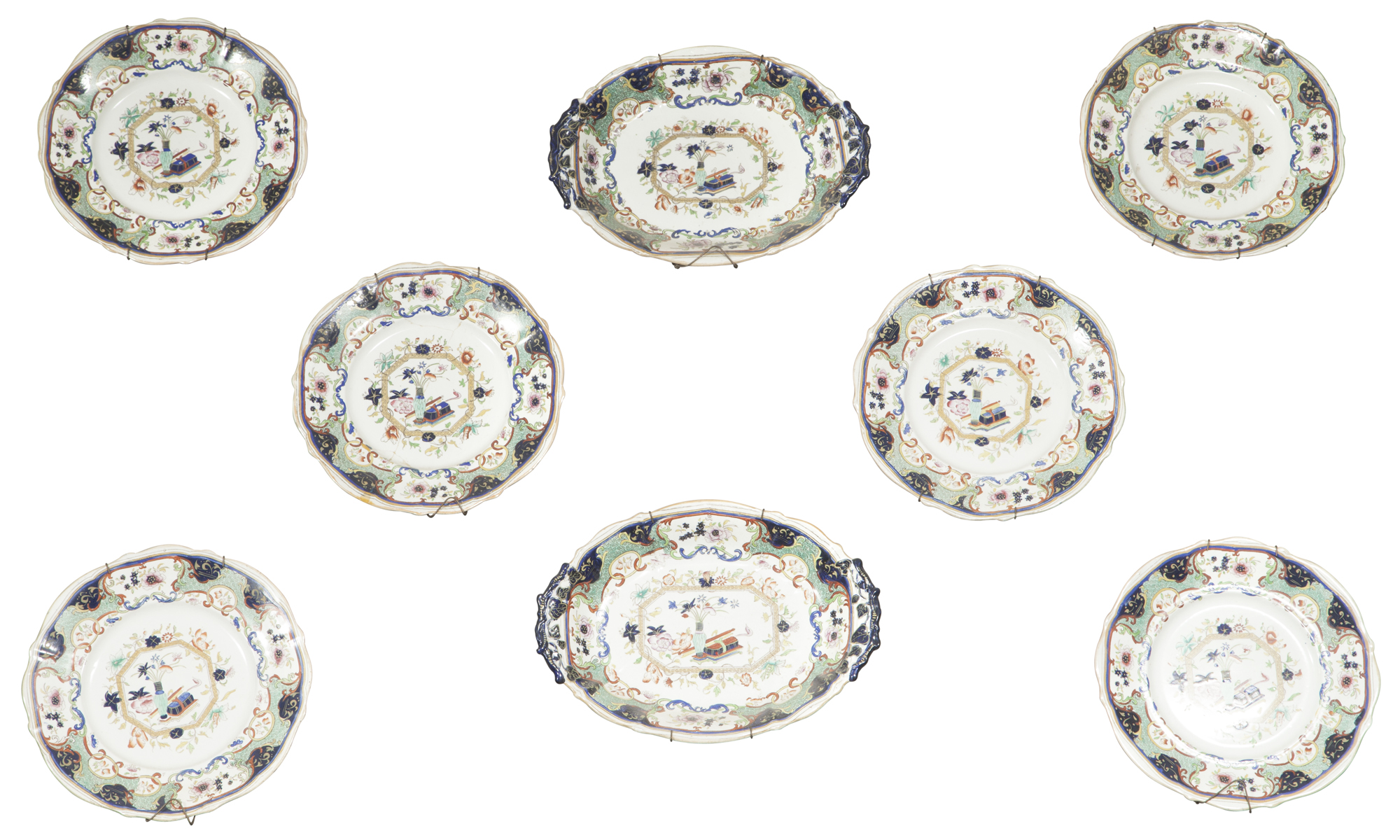 Lot image - Set of Six Transfer Decorated Pottery Plates and a Pair of Oval Dishes