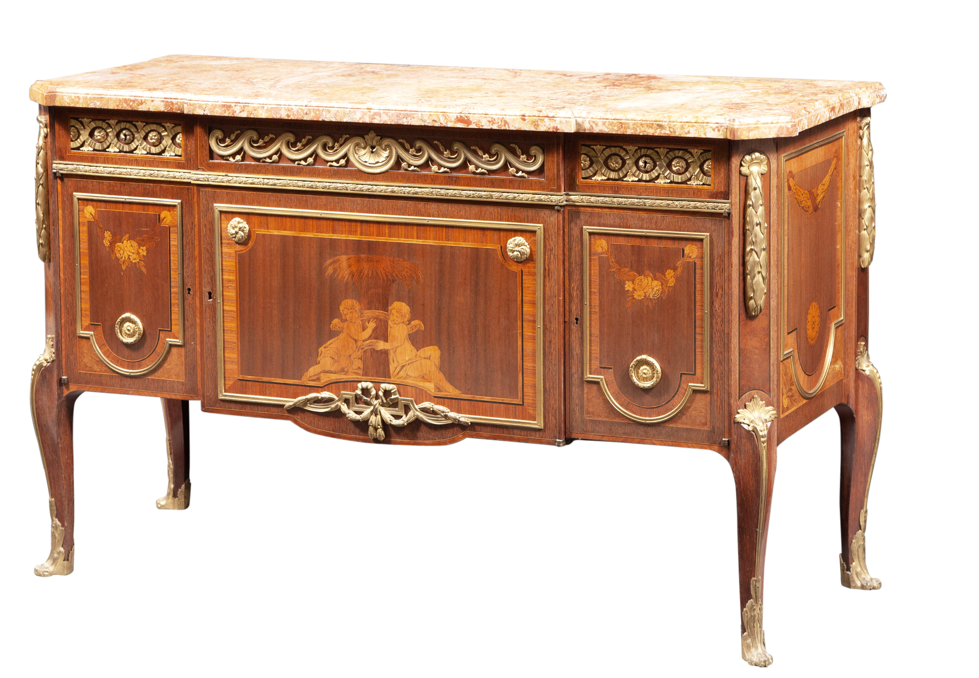 Lot image - Transitional Louis XV/XVI Style Gilt-Bronze Mounted Tulipwood and Marquetry Inlaid Commode/Cabinet