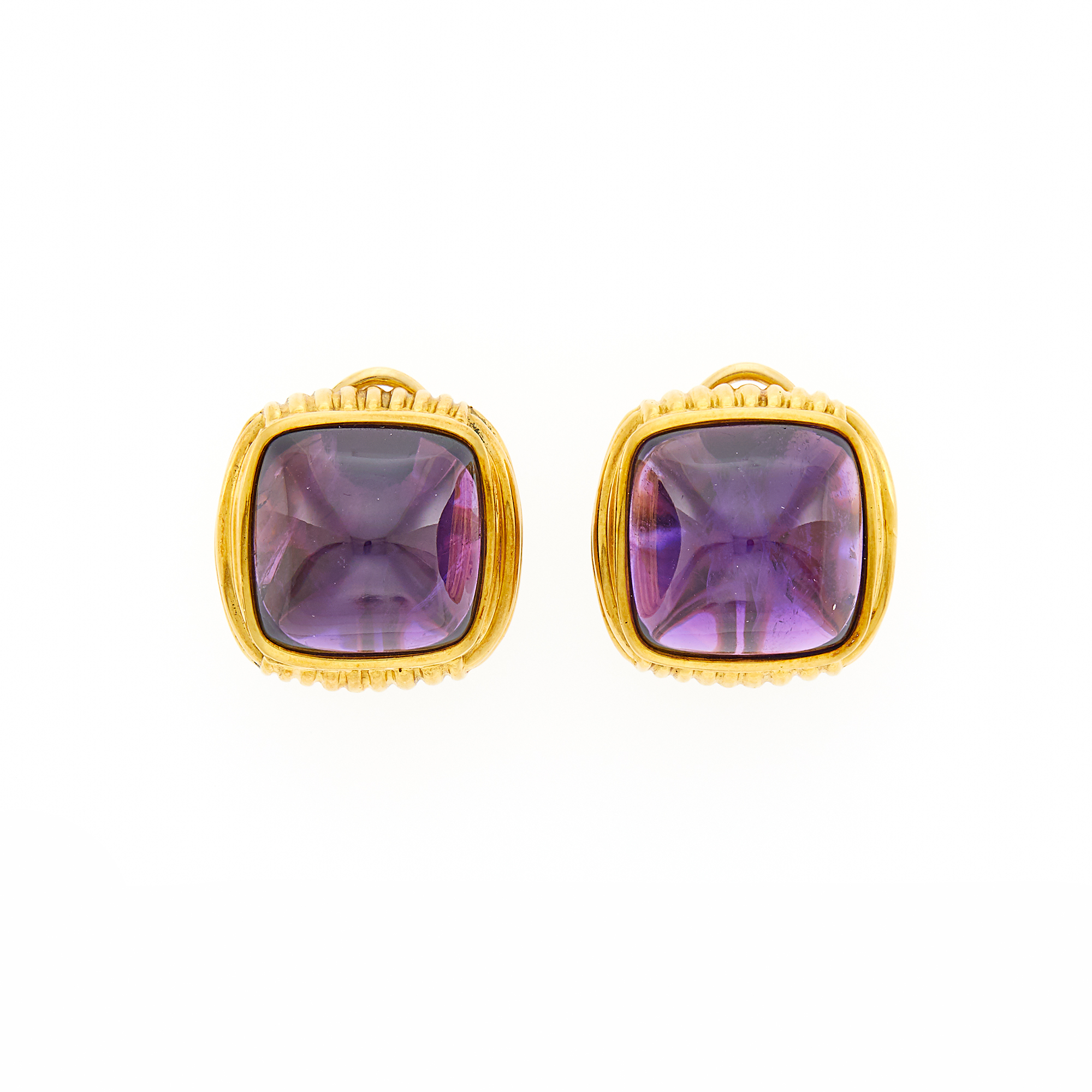 Lot image - Pair of Gold and Cabochon Amethyst Earrings
