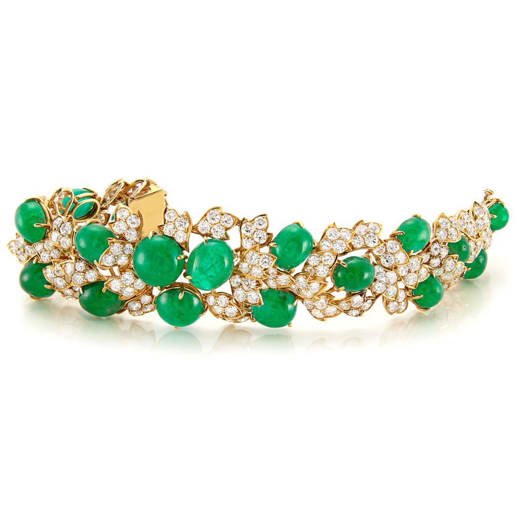 Lot image - Gold, Cabochon Emerald and Diamond Bracelet, David Webb