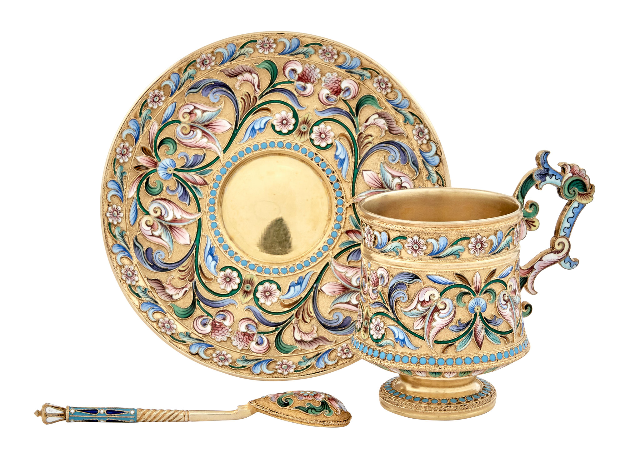 Lot image - Russian Silver-Gilt and Cloisonné Enamel Cup, Saucer and Spoon