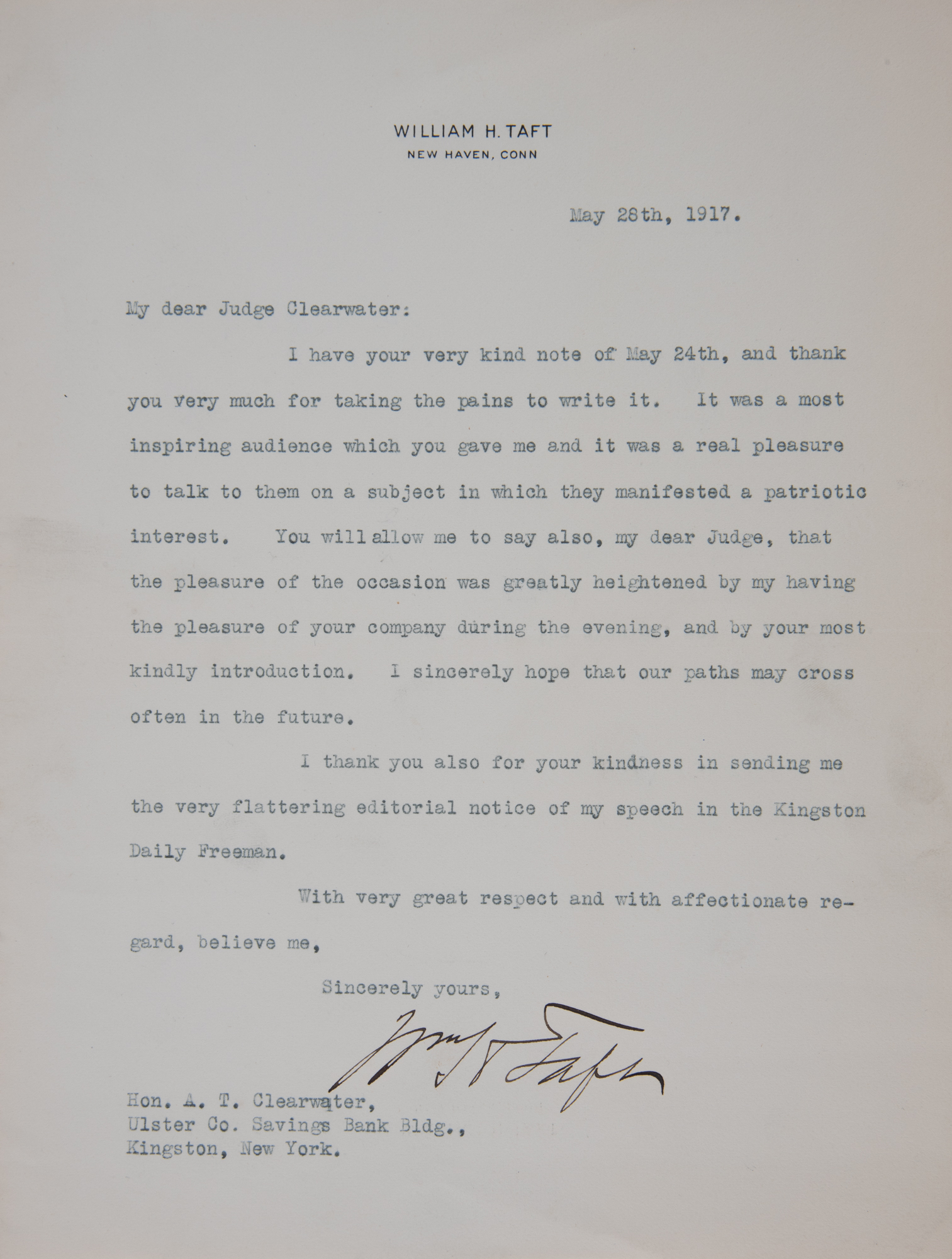Lot image - TAFT, WILLIAM HOWARD  Five typed letters signed to Judge Alphonse T. Clearwater.