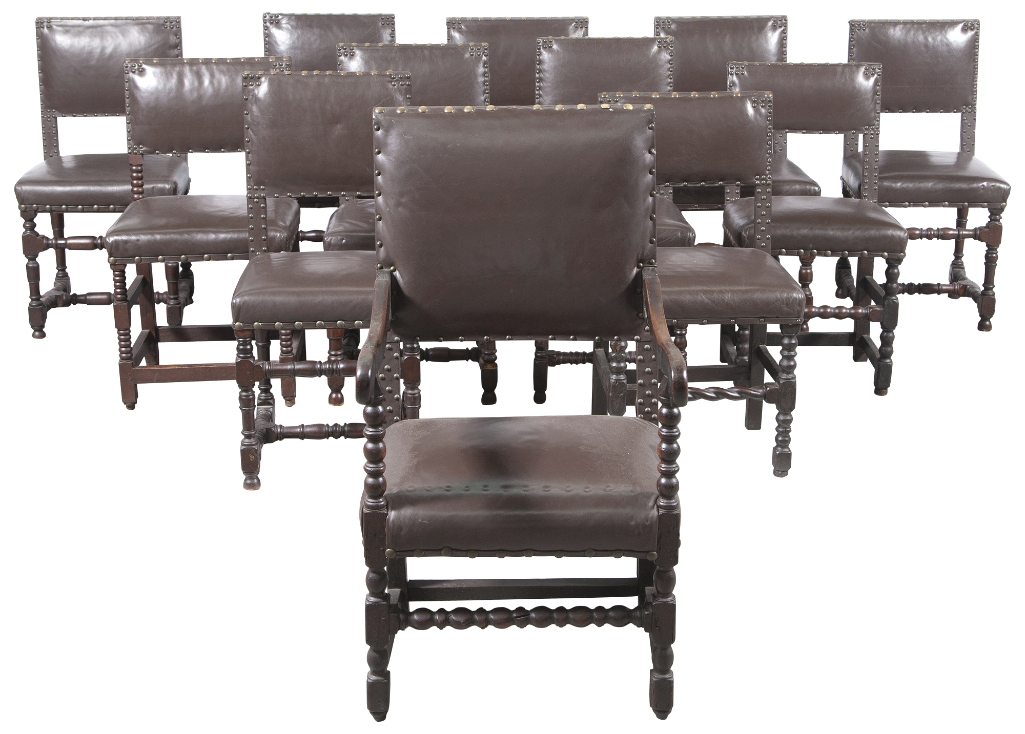 Lot image - Assembled Set of Twelve Continental Baroque Style Upholstered Oak and Walnut Dining Chairs