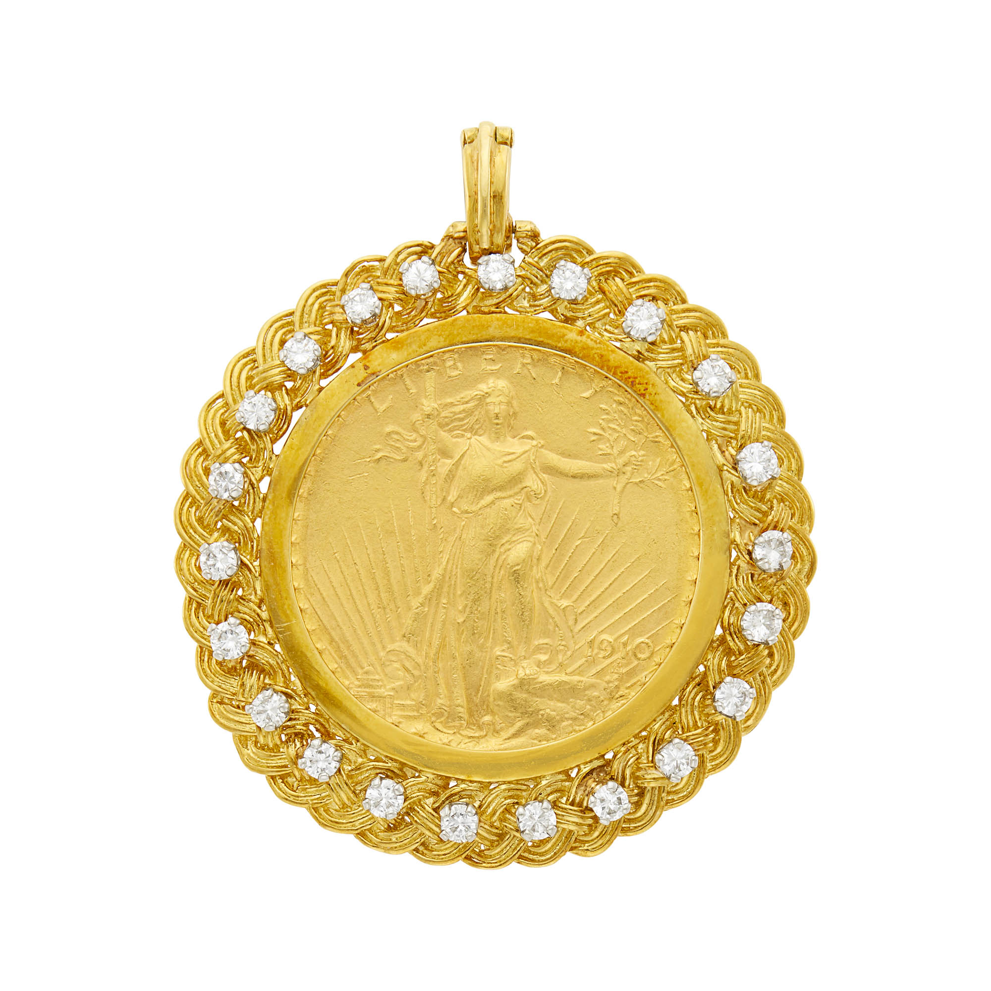 Lot image - Gold, Gold Liberty Coin and Diamond Pendant