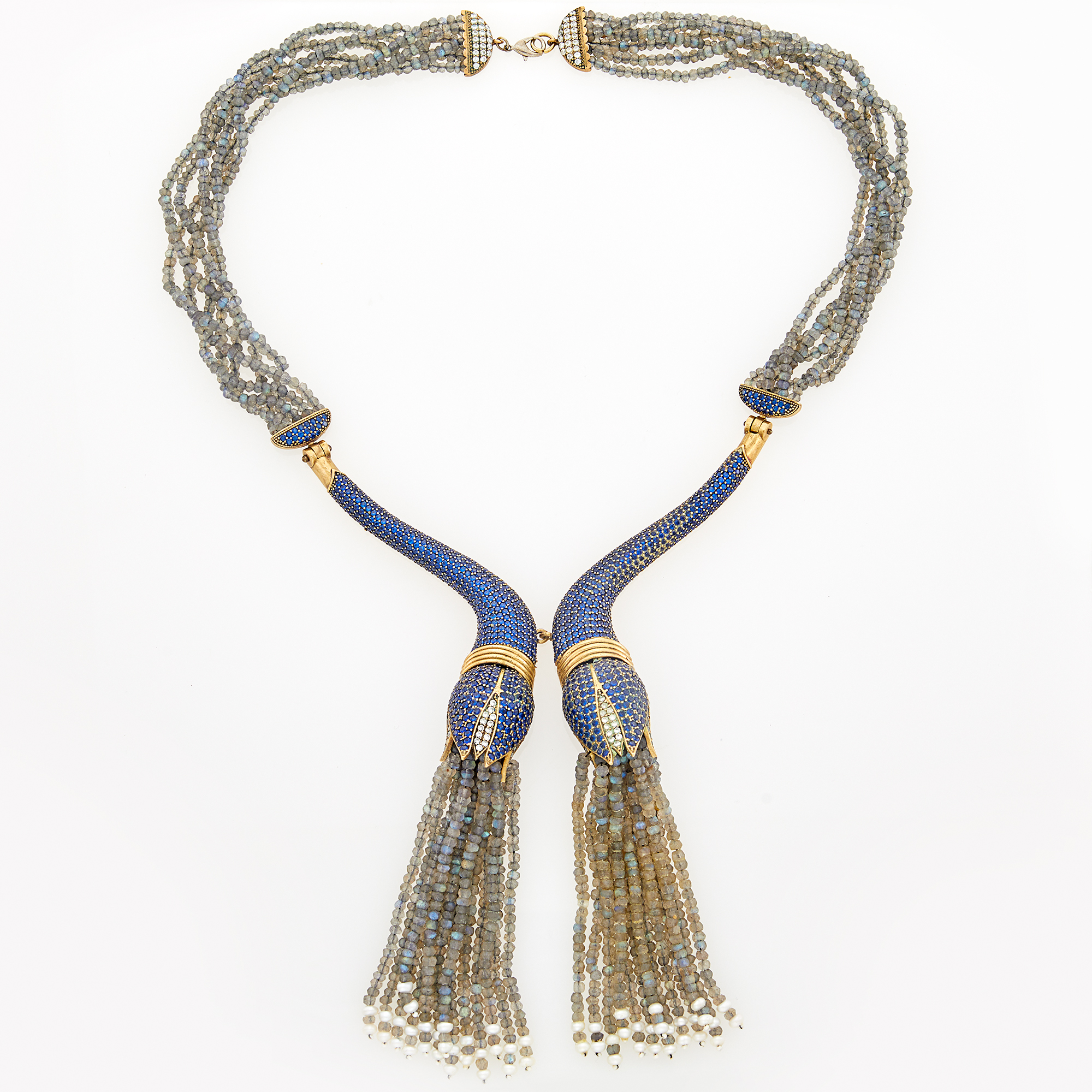 Lot image - Brass, Labradorite Bead, Synthetic Sapphire and Simulated Diamond and Tassle Necklace