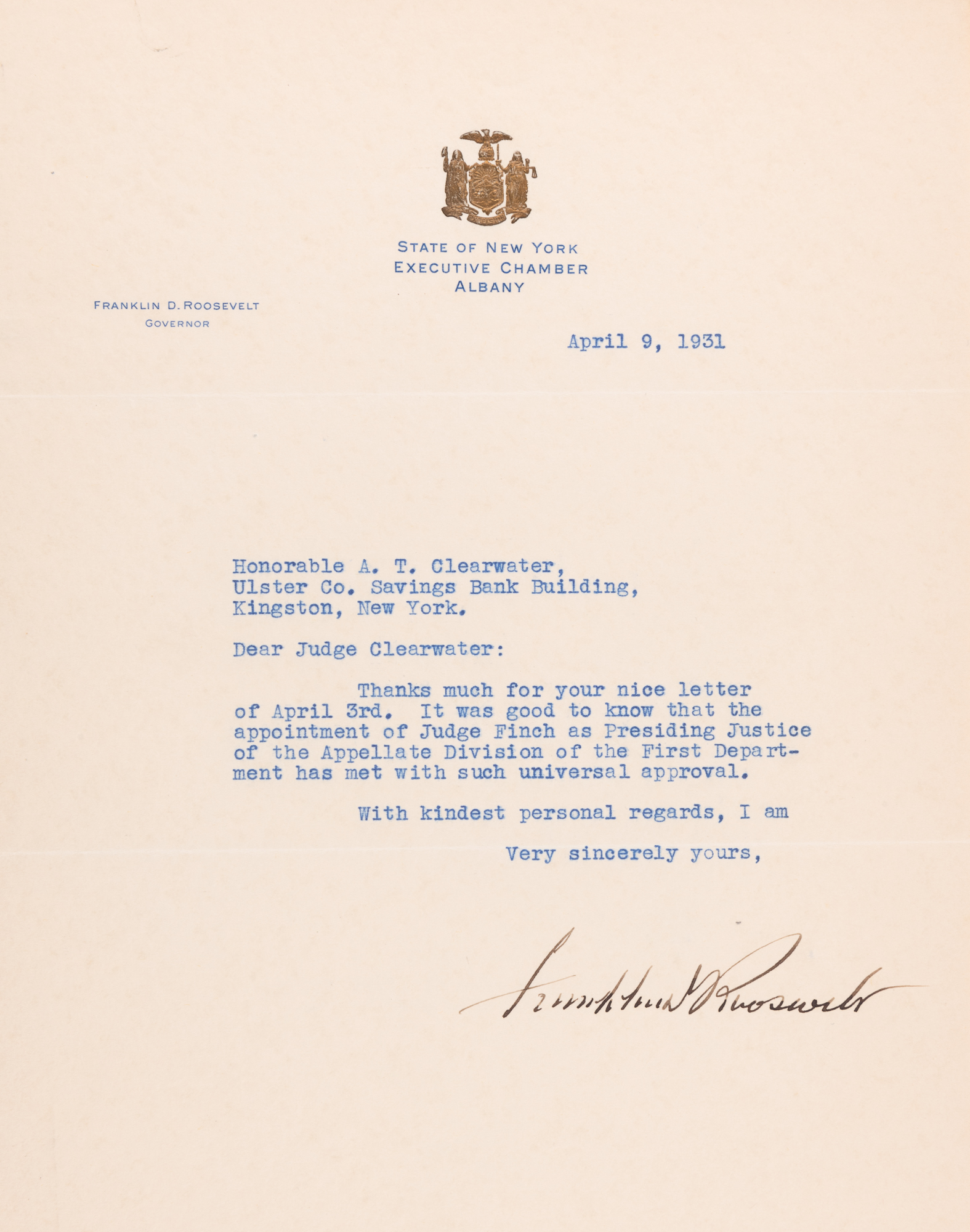 Lot image - ROOSEVELT, FRANKLIN DELANO  Three typed letters signed to Judge Alphonso T. Clearwater.
