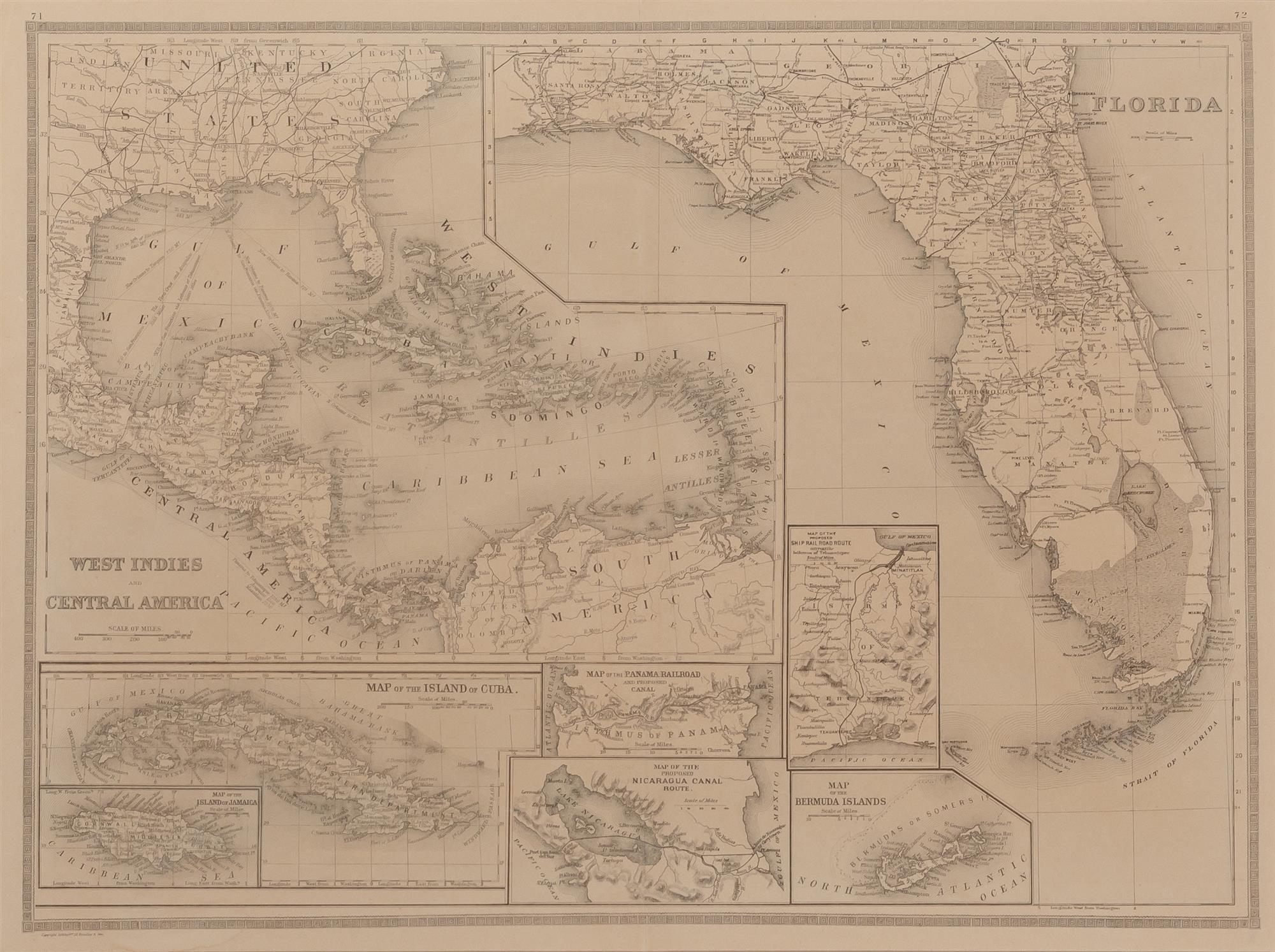 Lot image - [MAP-FLORIDA]  BRADLEY, WILLIAM M. AND BROTHERS. Florida [on sheet with]: West Indies and Central America.