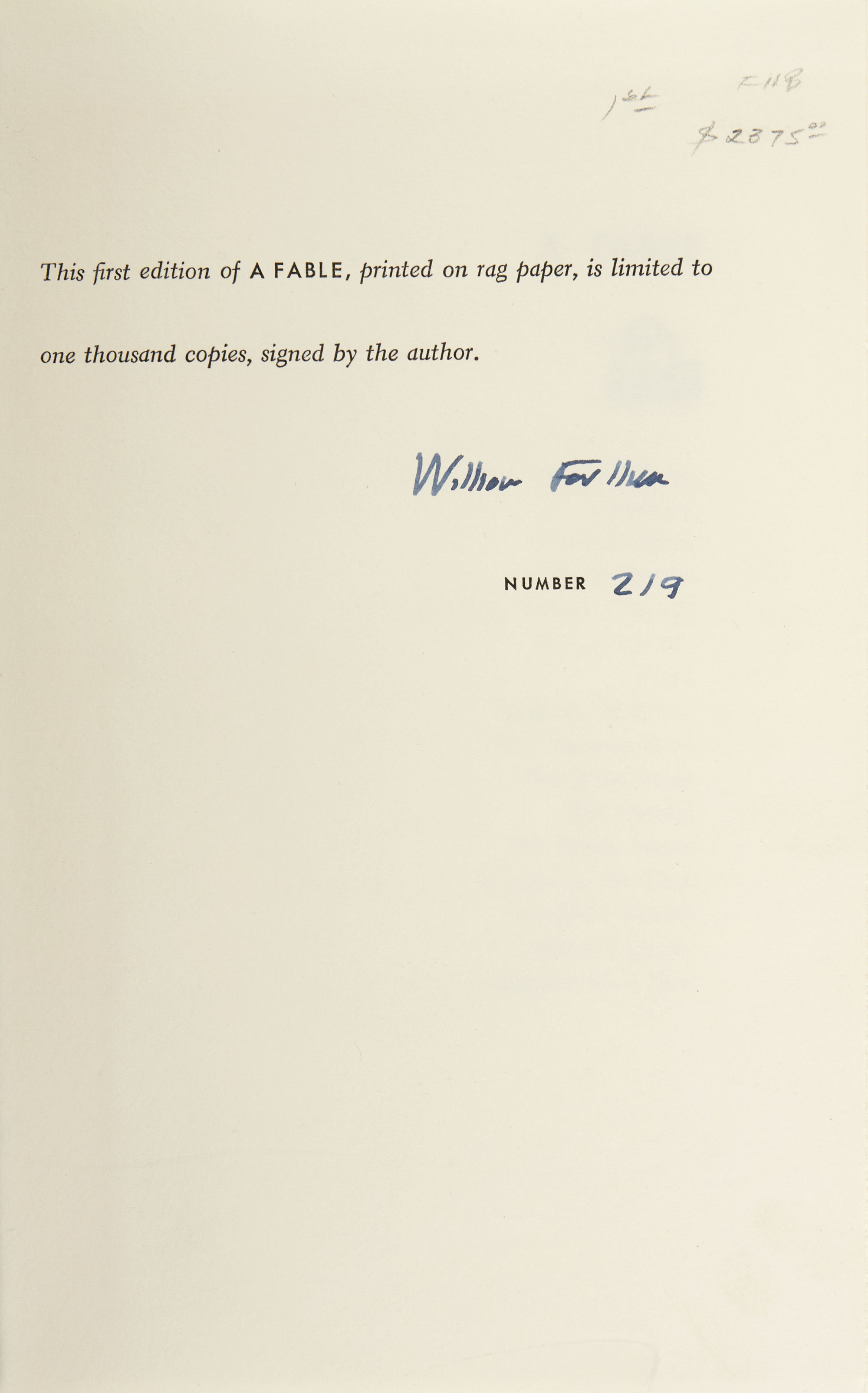 Lot image - FAULKNER, WILLIAM  A Fable.