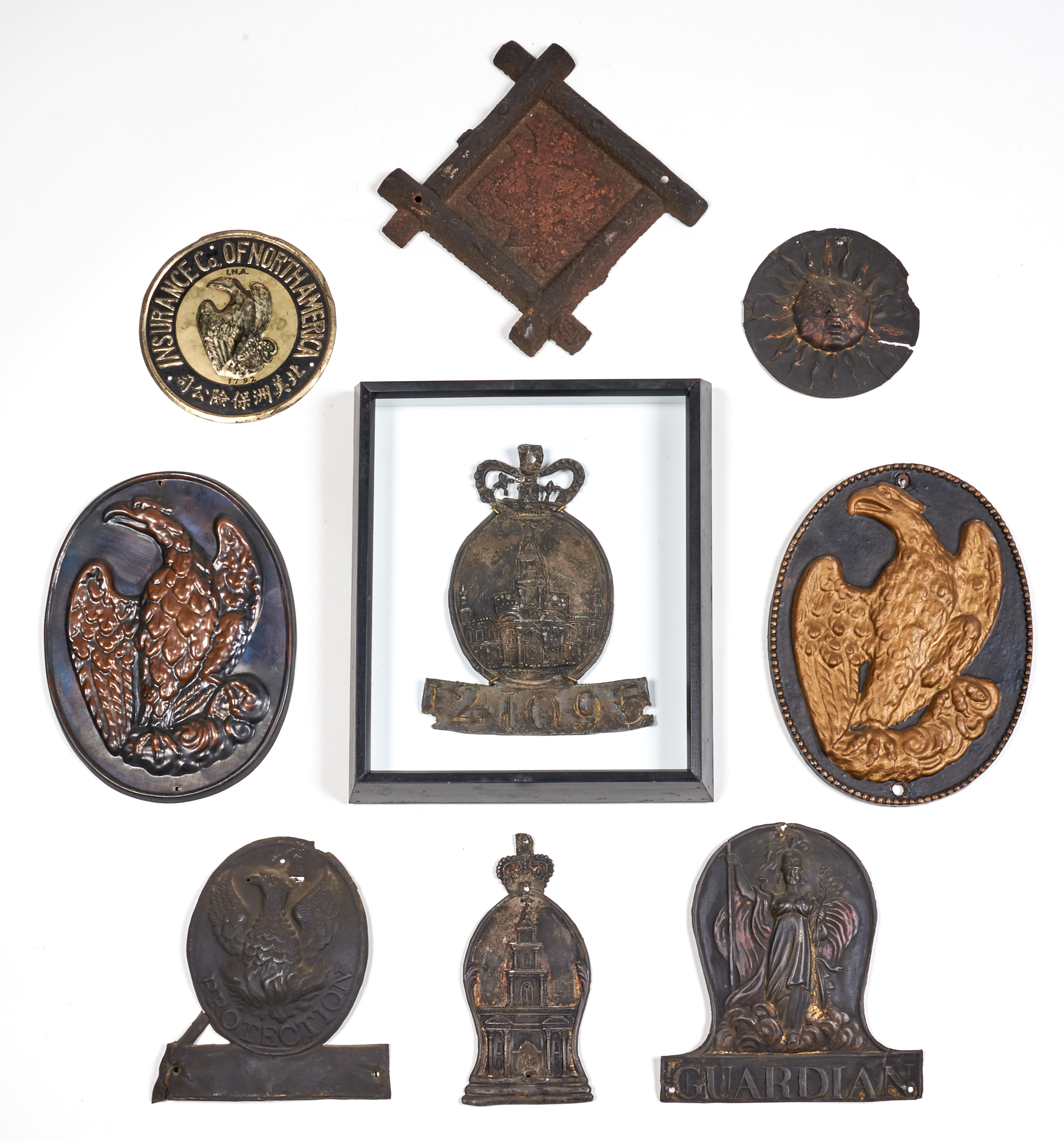 Lot image - Group of Nine Cast Iron and Tin Fire Marks