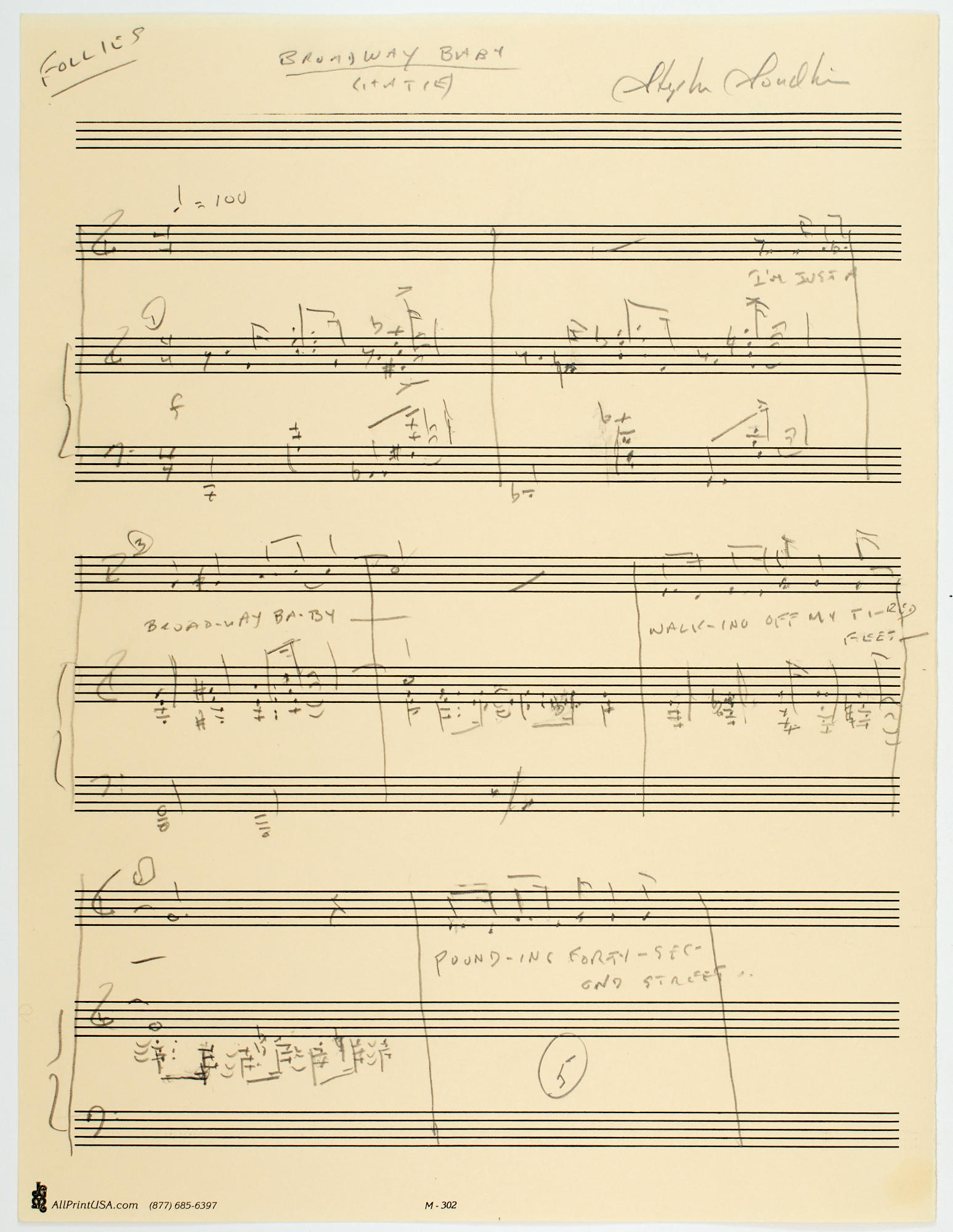Lot image - STEPHEN SONDHEIM  Autographed musical manuscript signed for Broadway Baby from Follies.