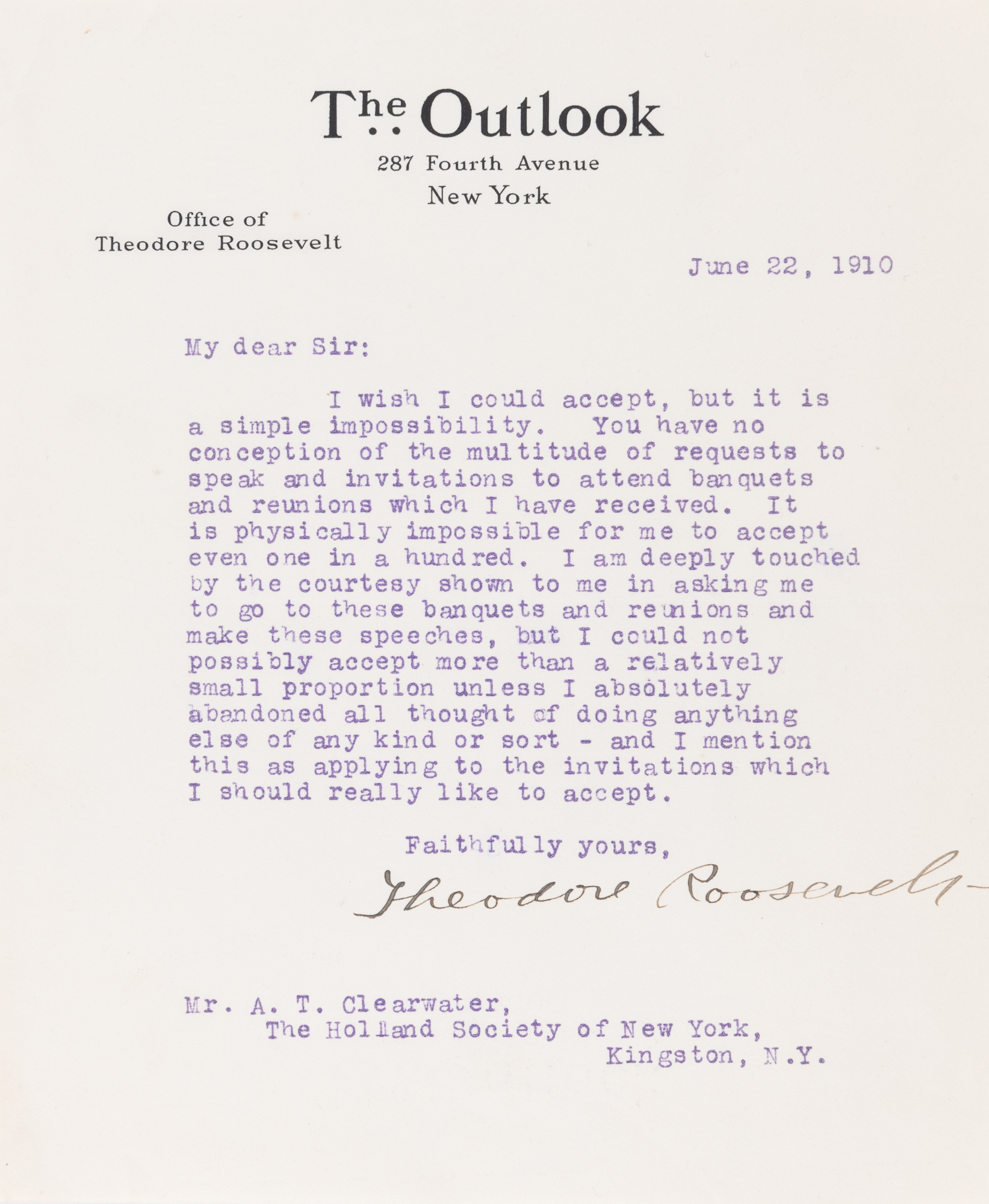 Lot image - ROOSEVELT, THEODORE  Typed letter signed.