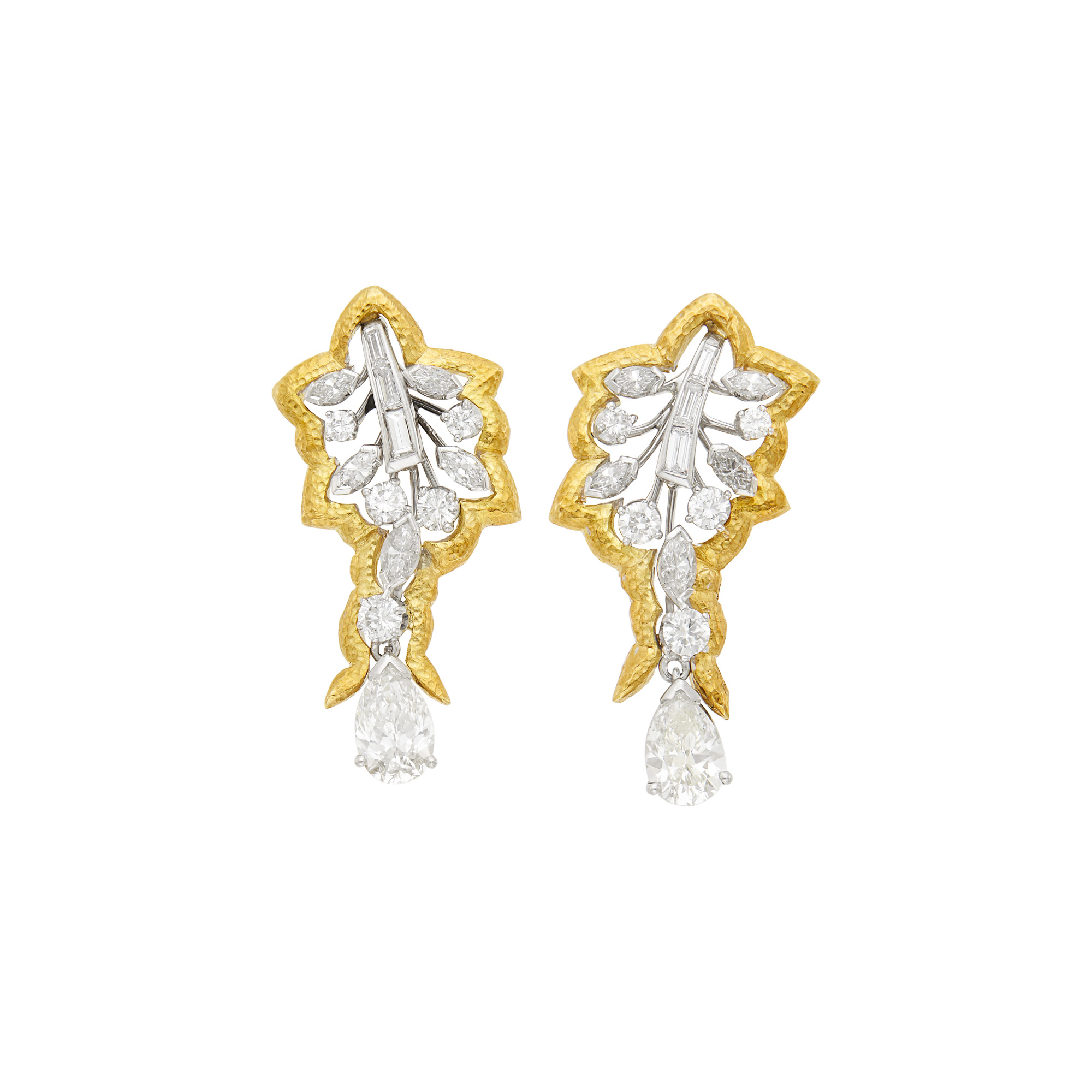 Lot image - Pair of Gold, Platinum and Diamond Pendant-Earrings