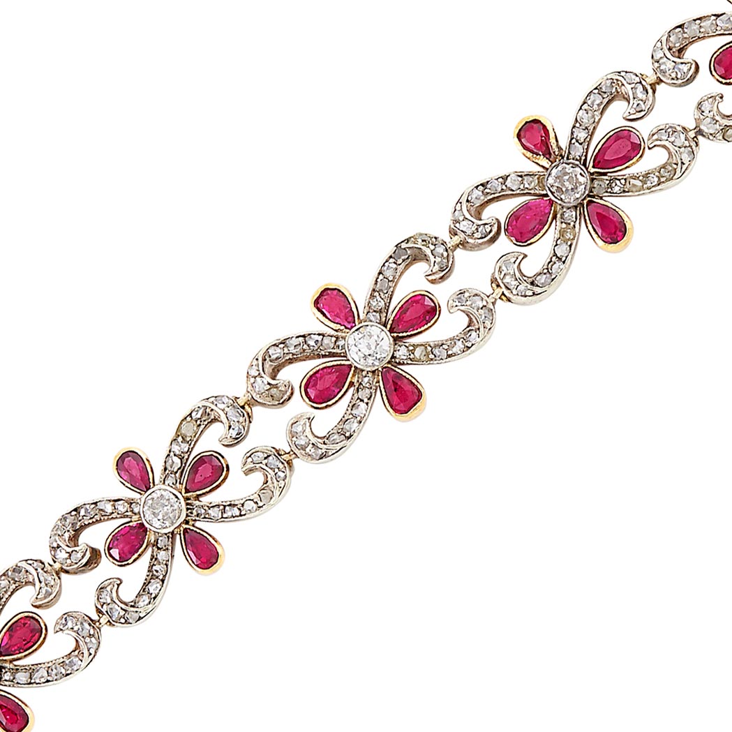 Lot image - Silver-Topped Gold, Diamond and Ruby Bracelet