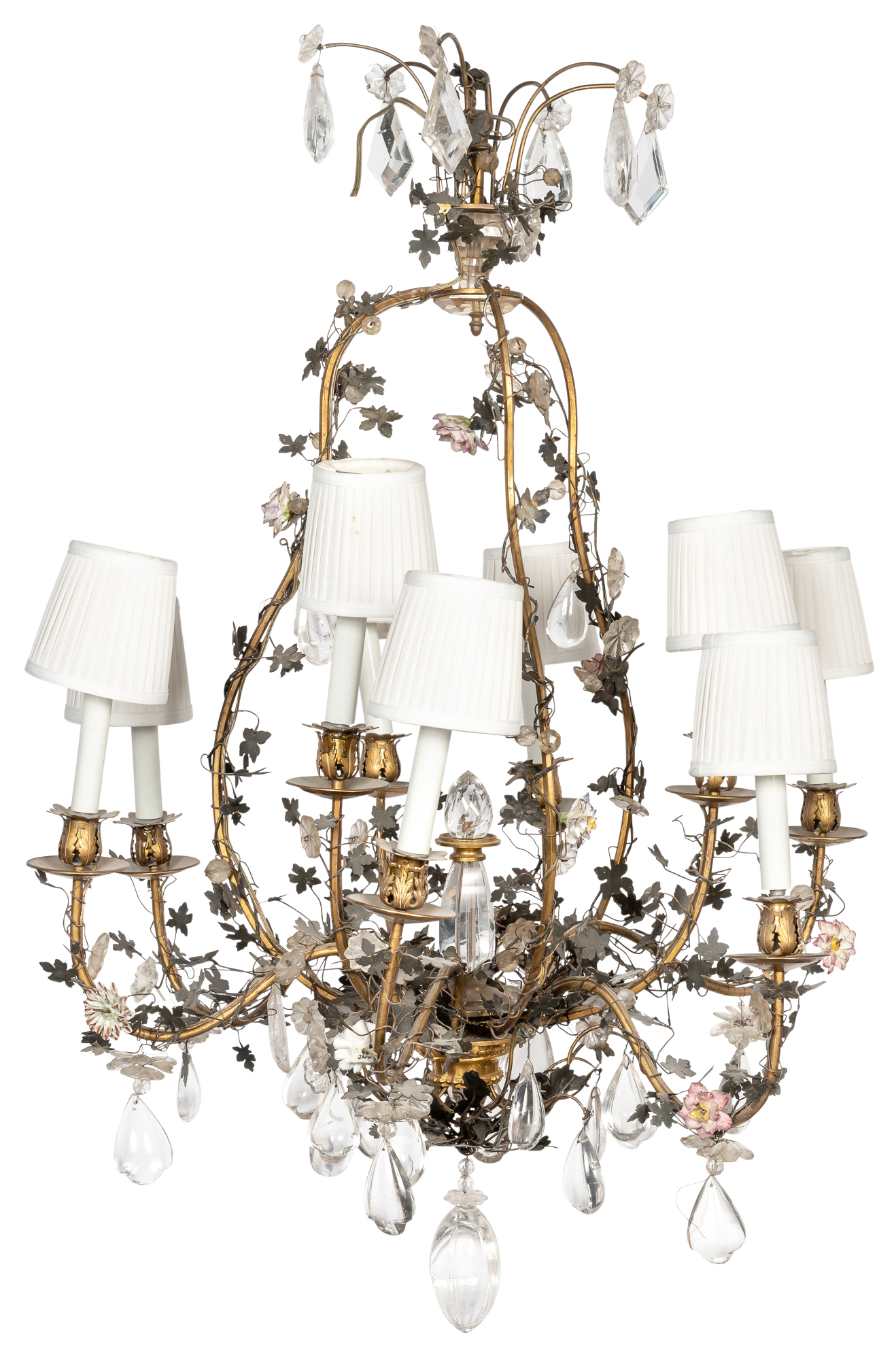 Lot image - Rococo Style Gilt-Metal, Porcelain, Tôle, Rock Crystal and Glass Nine-Light Chandelier