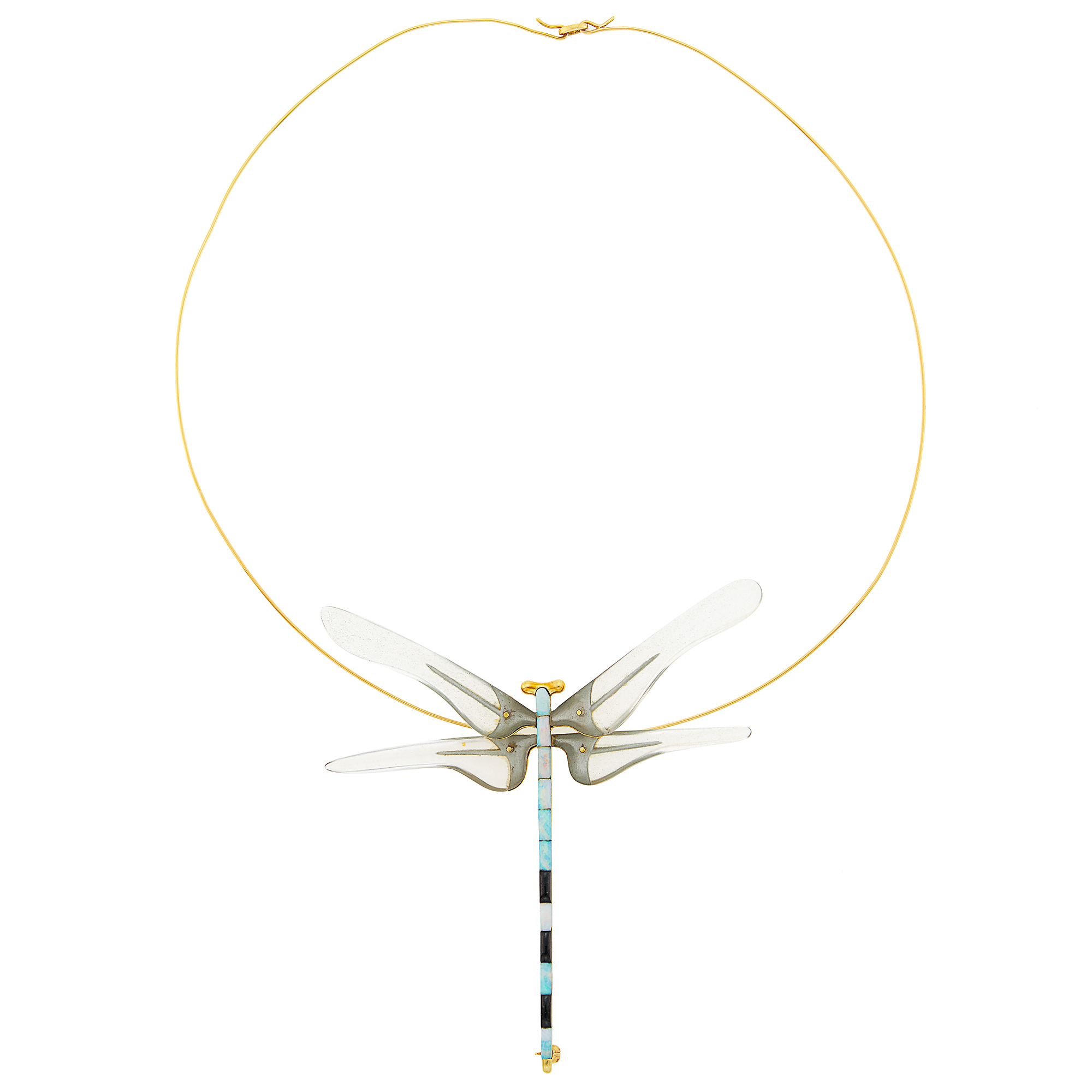 Lot image - Gold, White Opal, Black Onyx and Glass Dragonfly Brooch-Pendant with Torque Wire Necklace