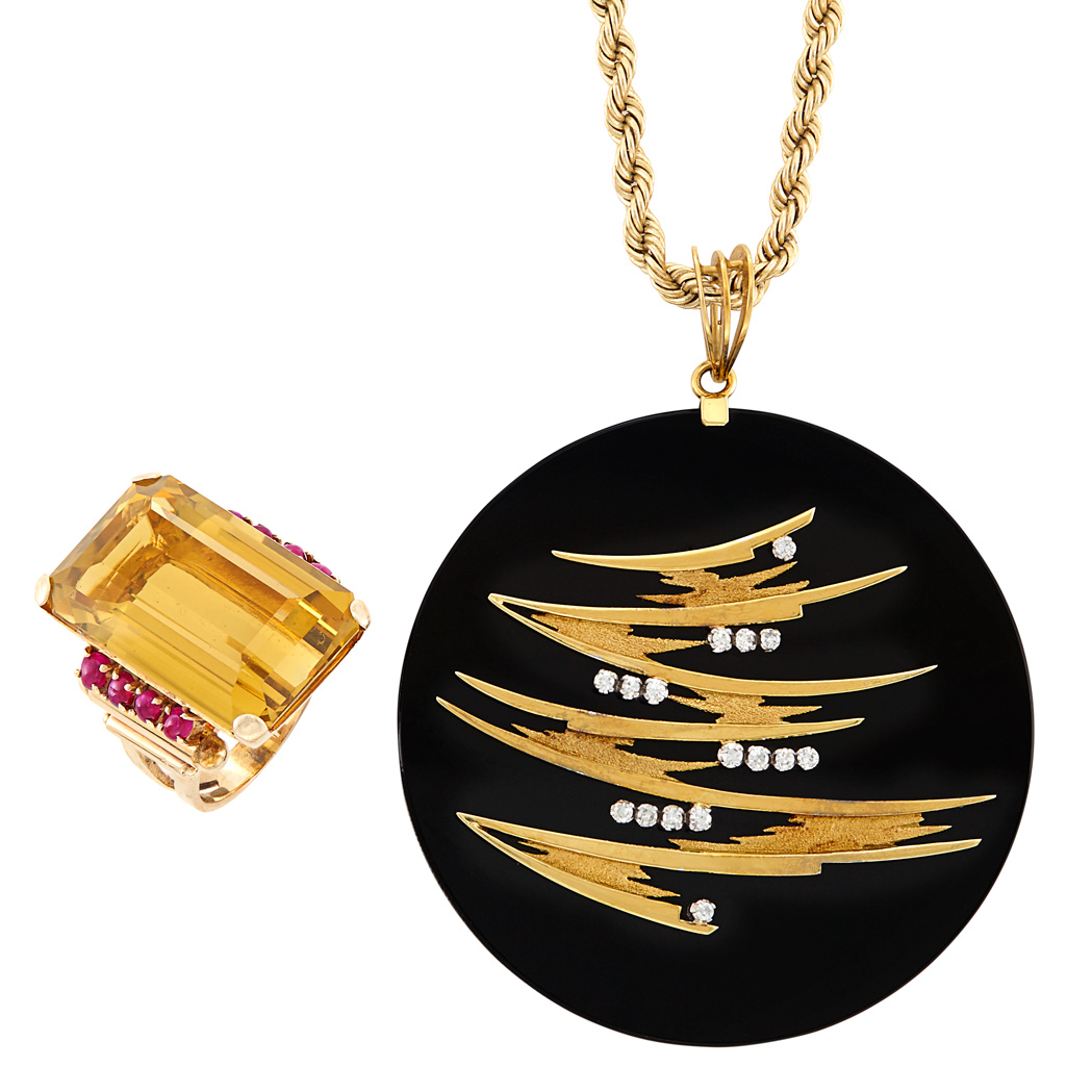 Lot image - Two-Color Gold, Black Onyx and Diamond Pendant with Chain and Rose Gold, Citrine and Cabochon Ruby Ring