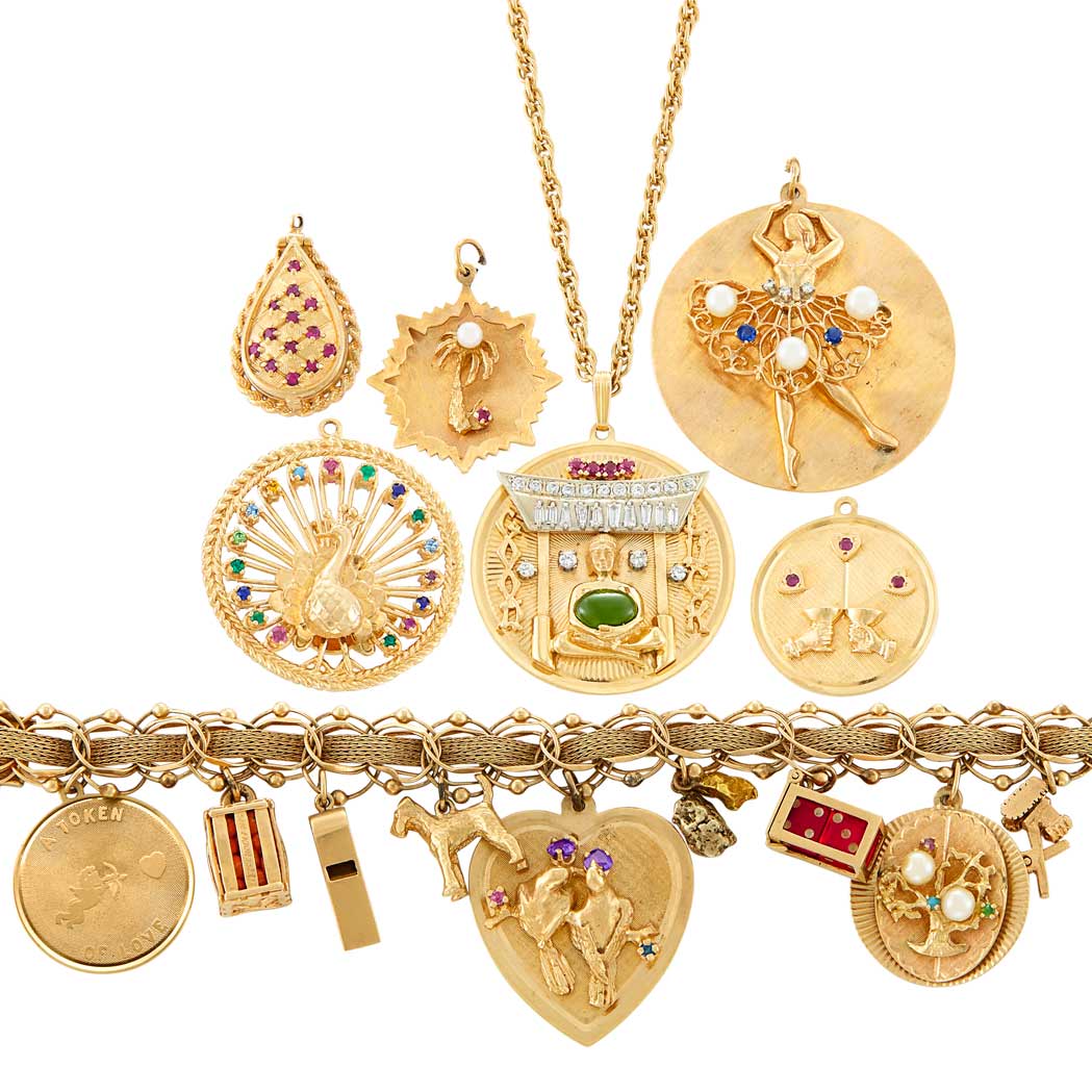Lot image - Two-Color Gold, Silver, Gem-Set and Diamond Charm Bracelet, Pendant-Necklace with Chain and Group of Charms