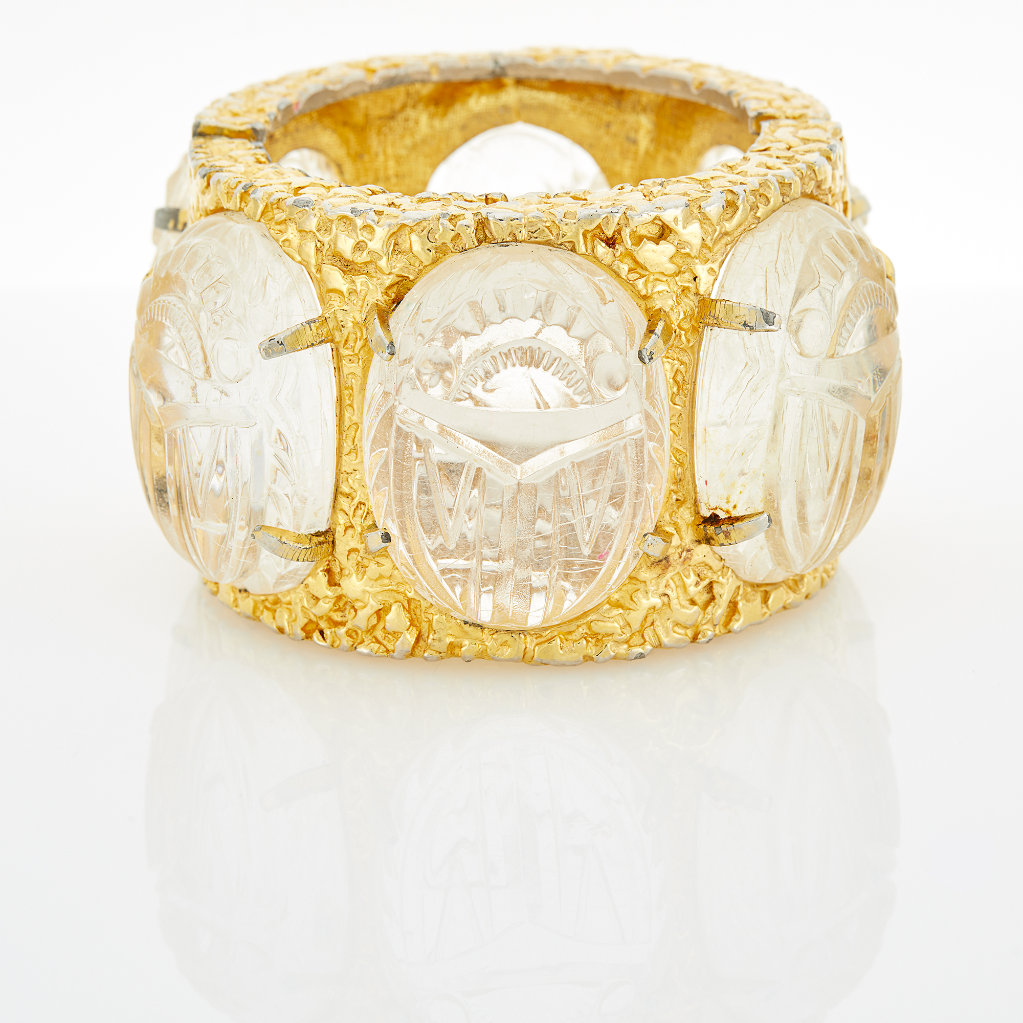 Lot image - Oversized Carved Glass Egyptian Scarab Bangle Bracelet