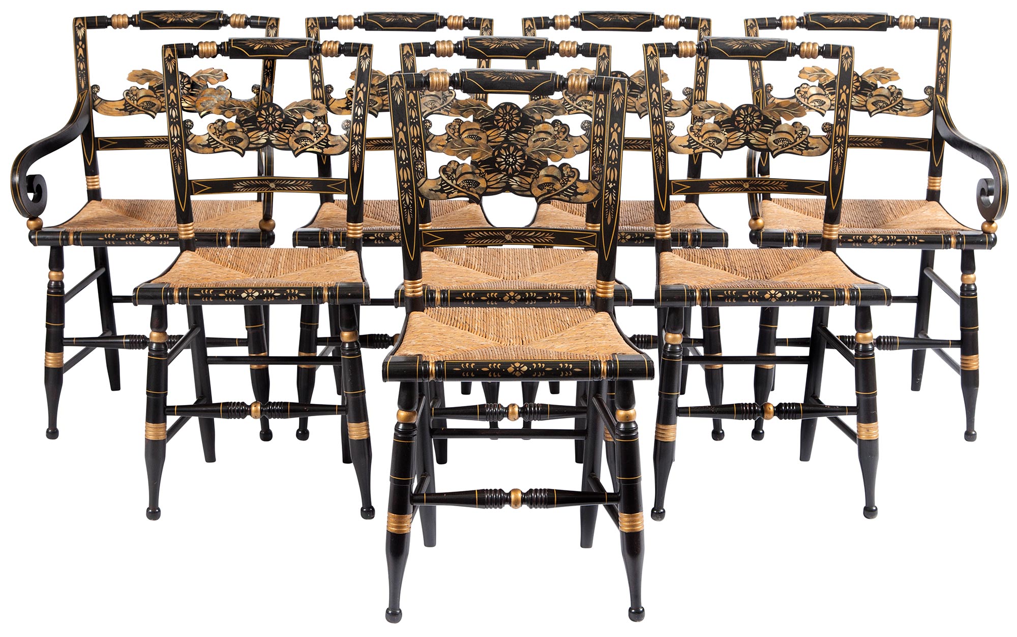 Lot image - Set of Eight Classical Style Painted and Decorated Rush Seat Fancy Chairs