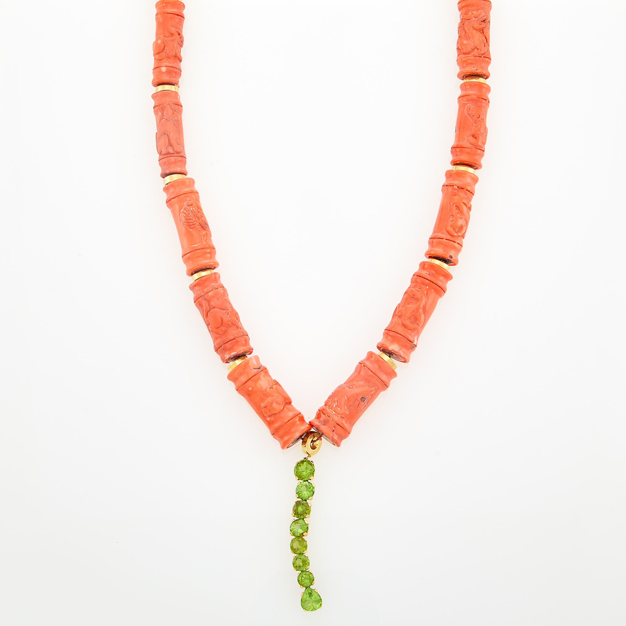 Lot image - Carved Coral, Gold and Peridot Bead Pendant-Necklace