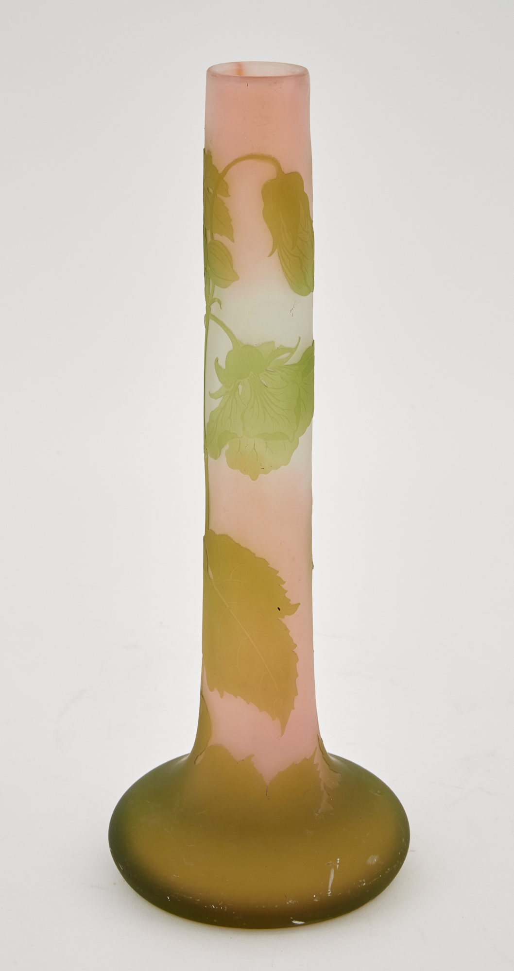 Lot image - Gallé Acid-Etched Floral Decorated Cameo Glass Tall Stick Neck Bud Vase