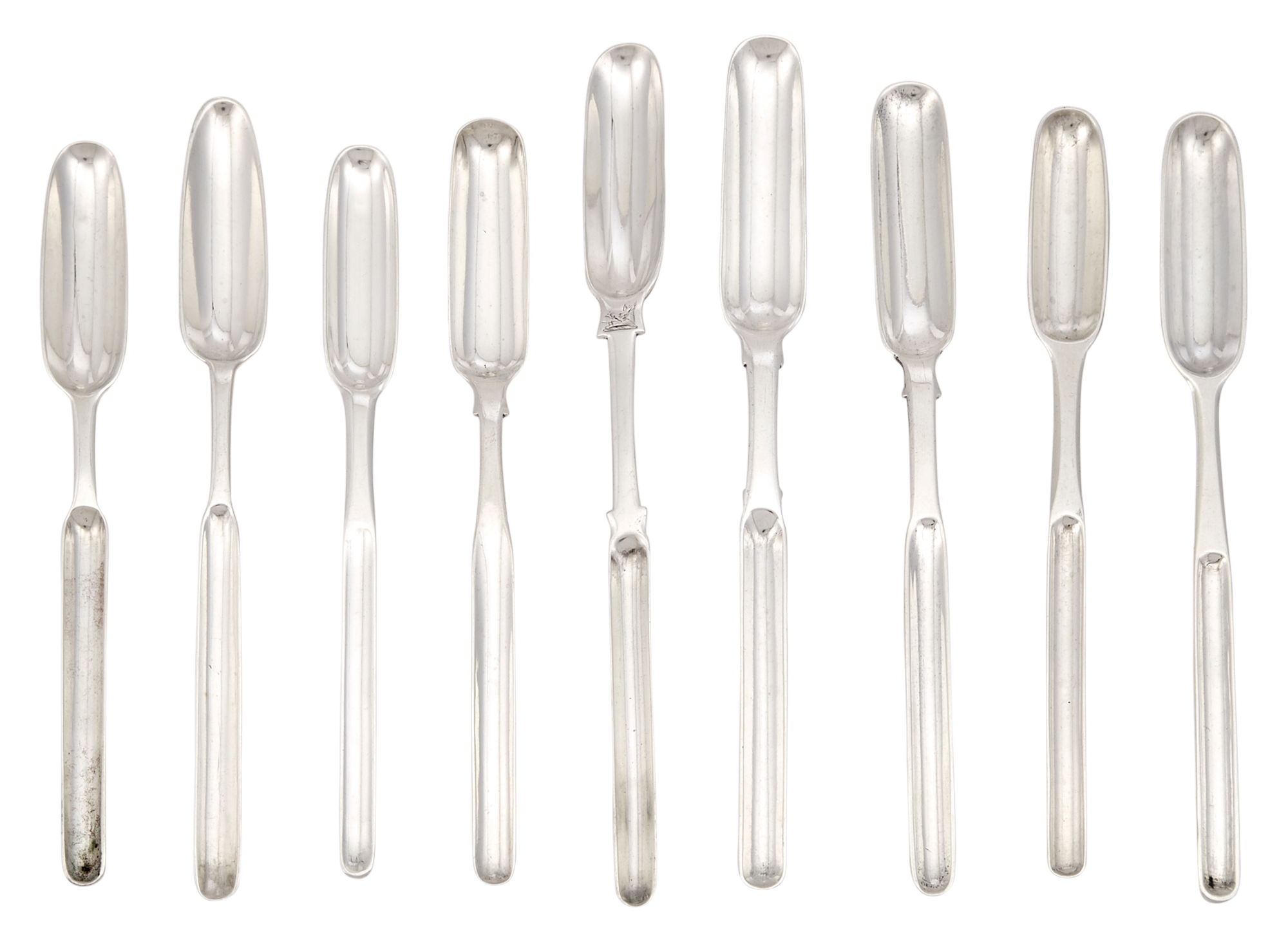 Lot image - Group of Nine Georgian Irish Sterling Silver Marrow Scoops