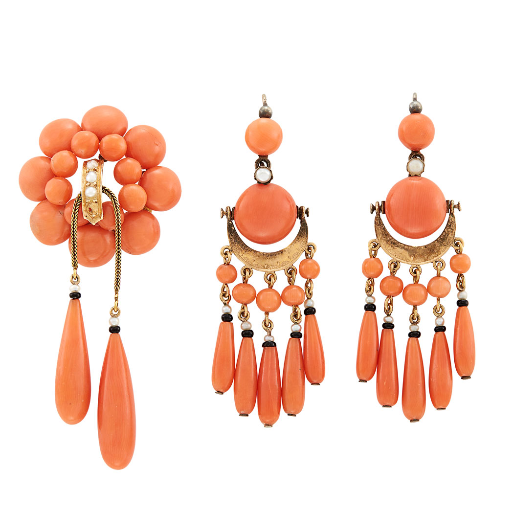 Lot image - Antique Gold, Coral, Black Onyx and Seed Pearl Fringe Brooch and Pair of Pendant-Earrings