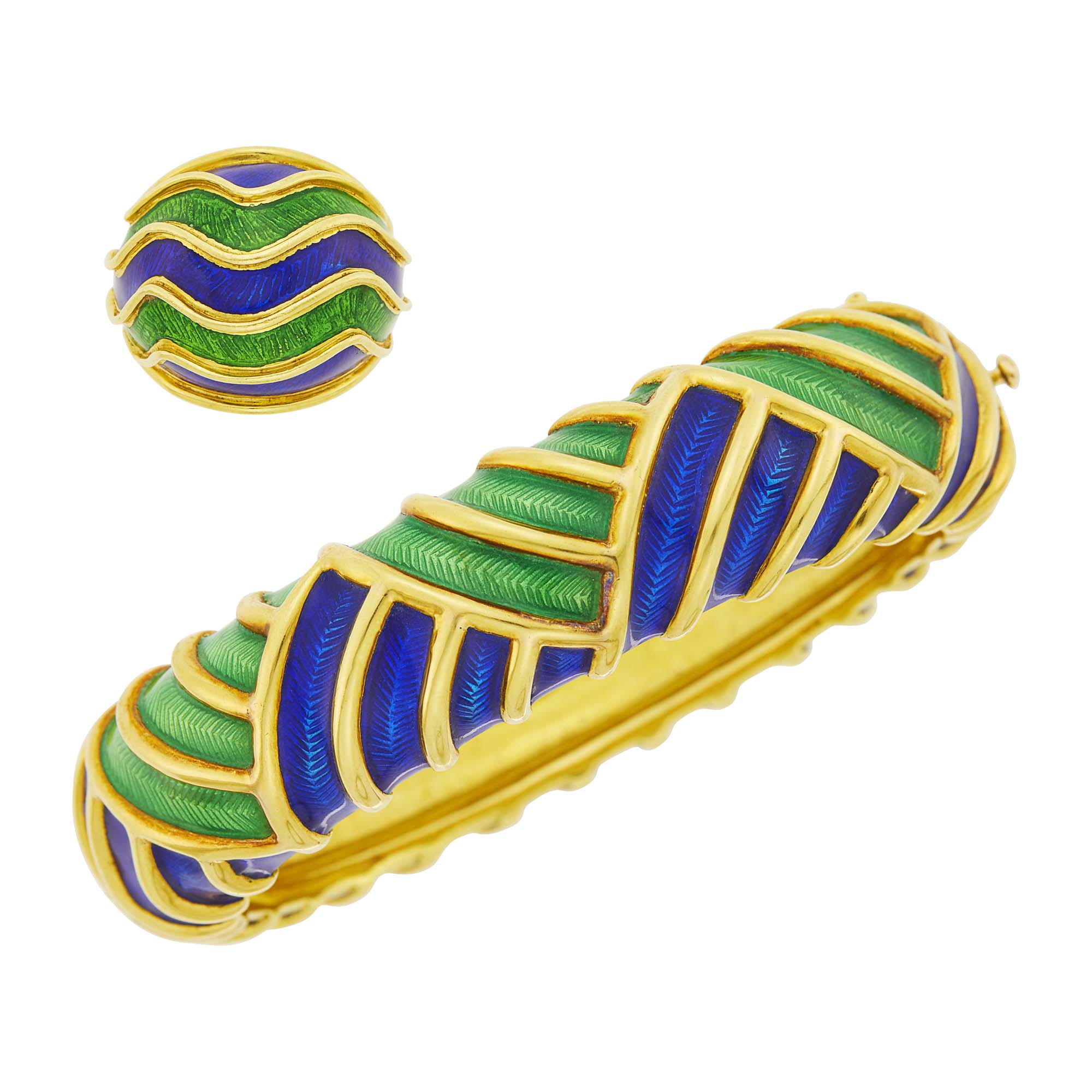 Lot image - Tiffany & Co. Gold, Green and Blue Enamel Bangle Bracelet and Bombé Ring