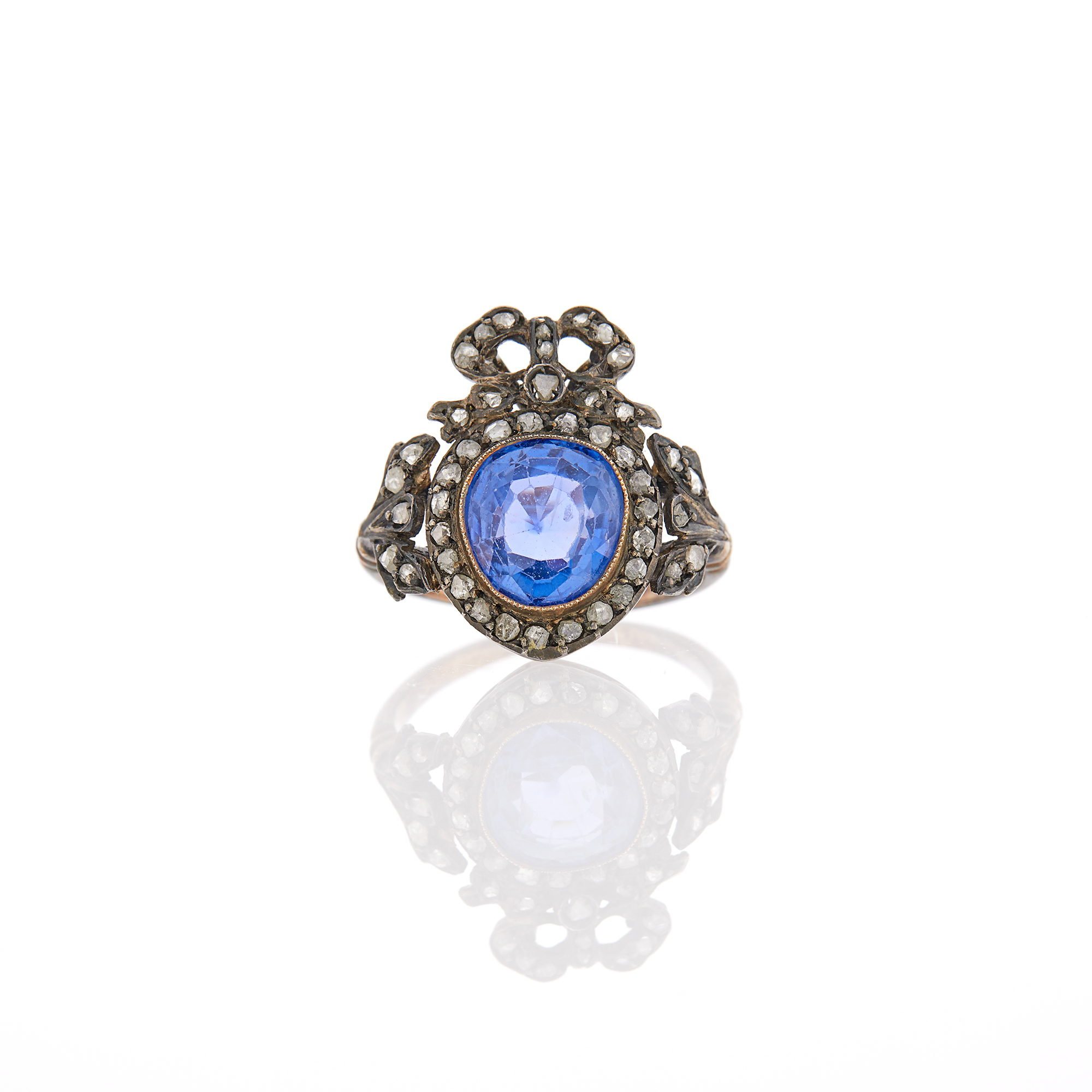 Lot image - Antique Gold, Silver, Sapphire and Diamond Bow Pinky Ring