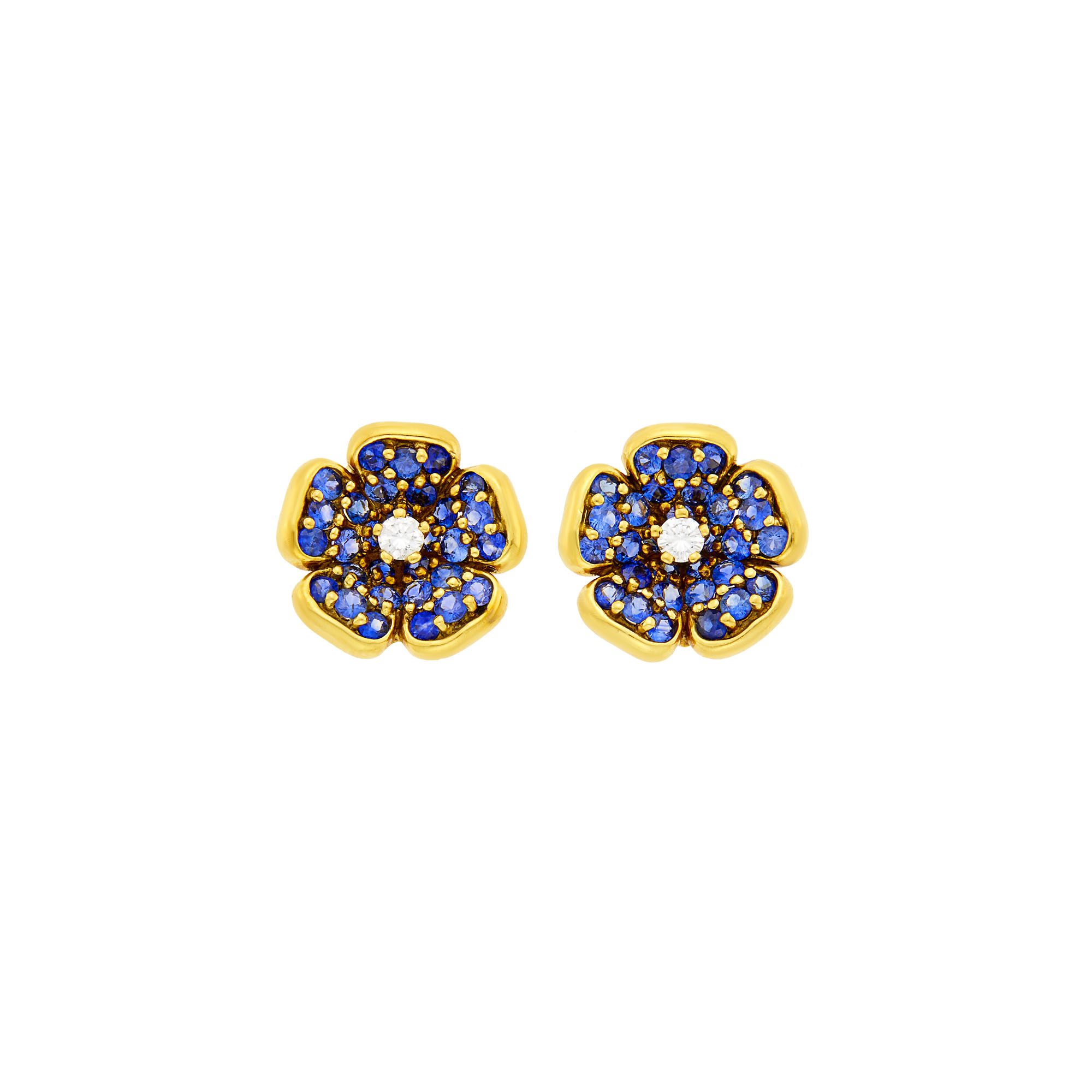 Lot image - Asprey Pair of Gold, Sapphire and Diamond Flower Earclips