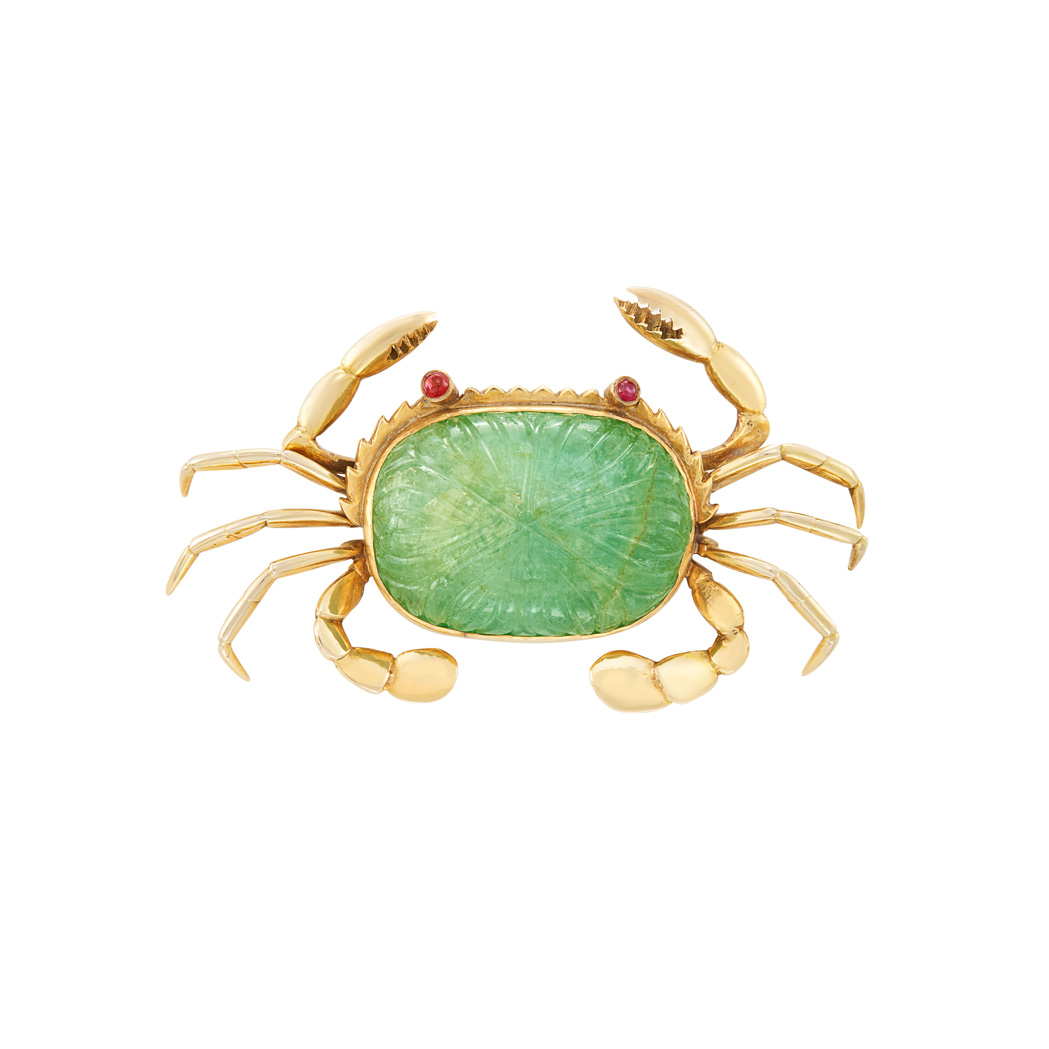 Lot image - Gold and Carved Emerald Crab Brooch, Trio