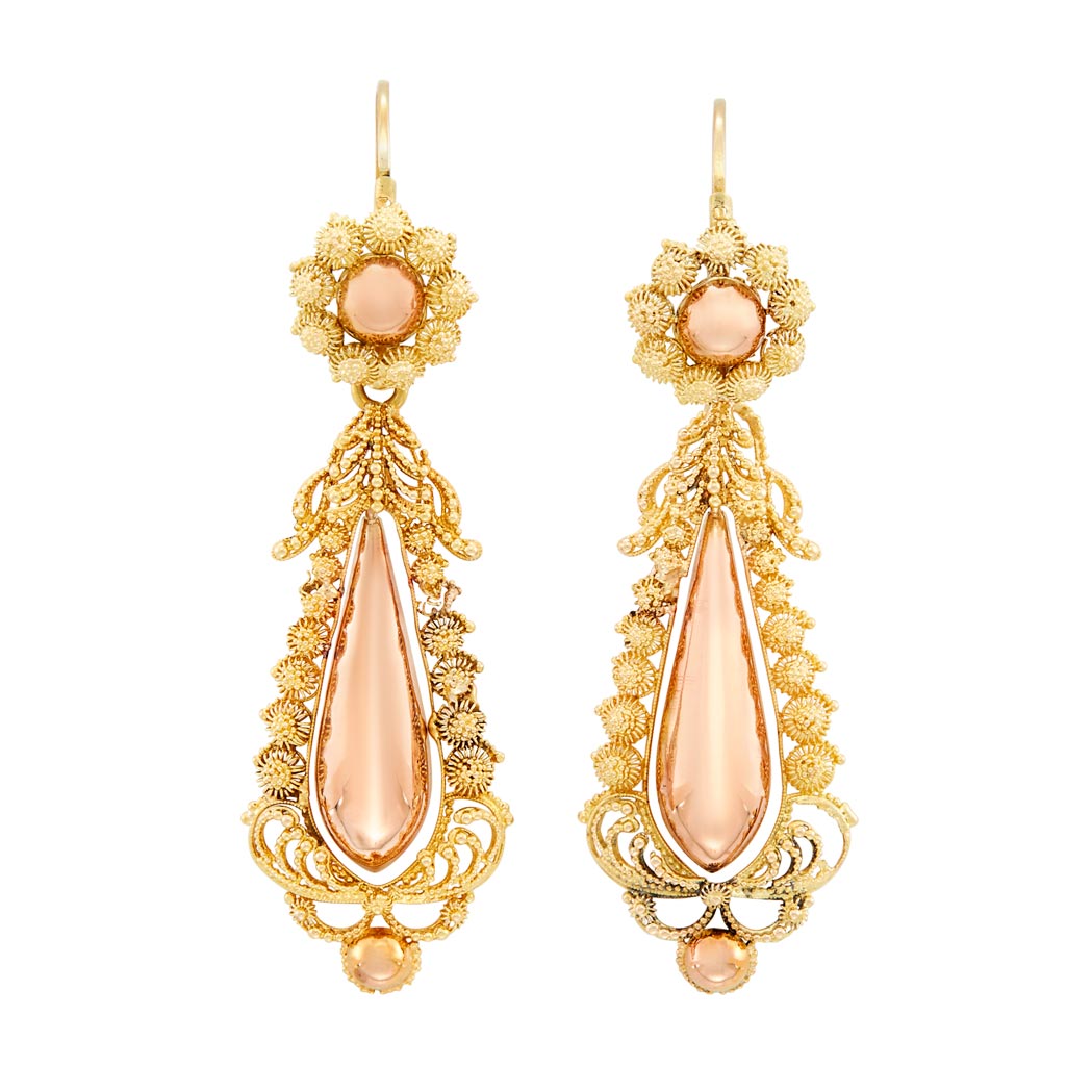 Lot image - Pair of Antique Two-Color Cannetille Gold Pendant-Earrings